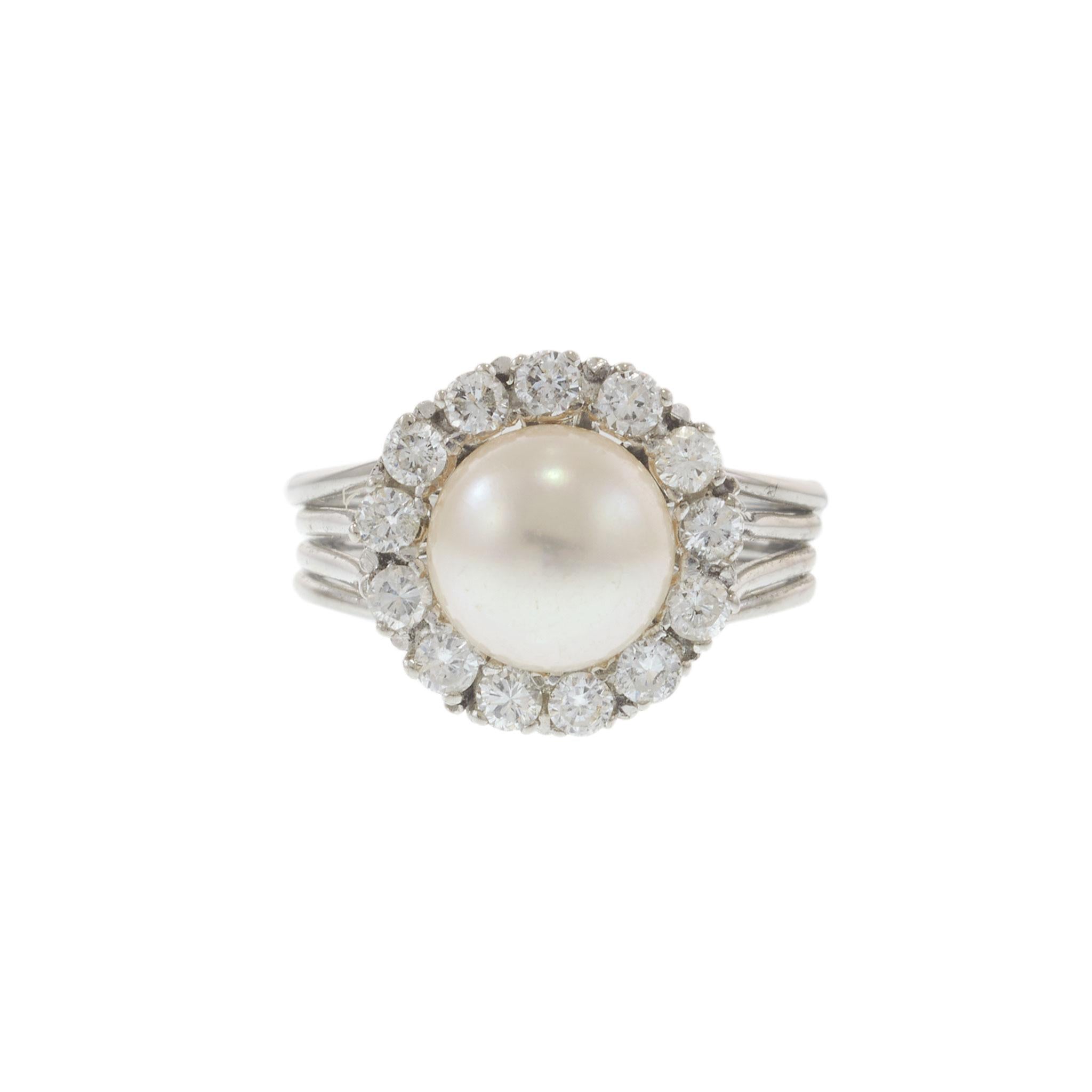14KT White Gold Vintage Pearl and Diamond Halo Cocktail Ring