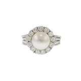 14KT White Gold Vintage Pearl and Diamond Halo Cocktail Ring