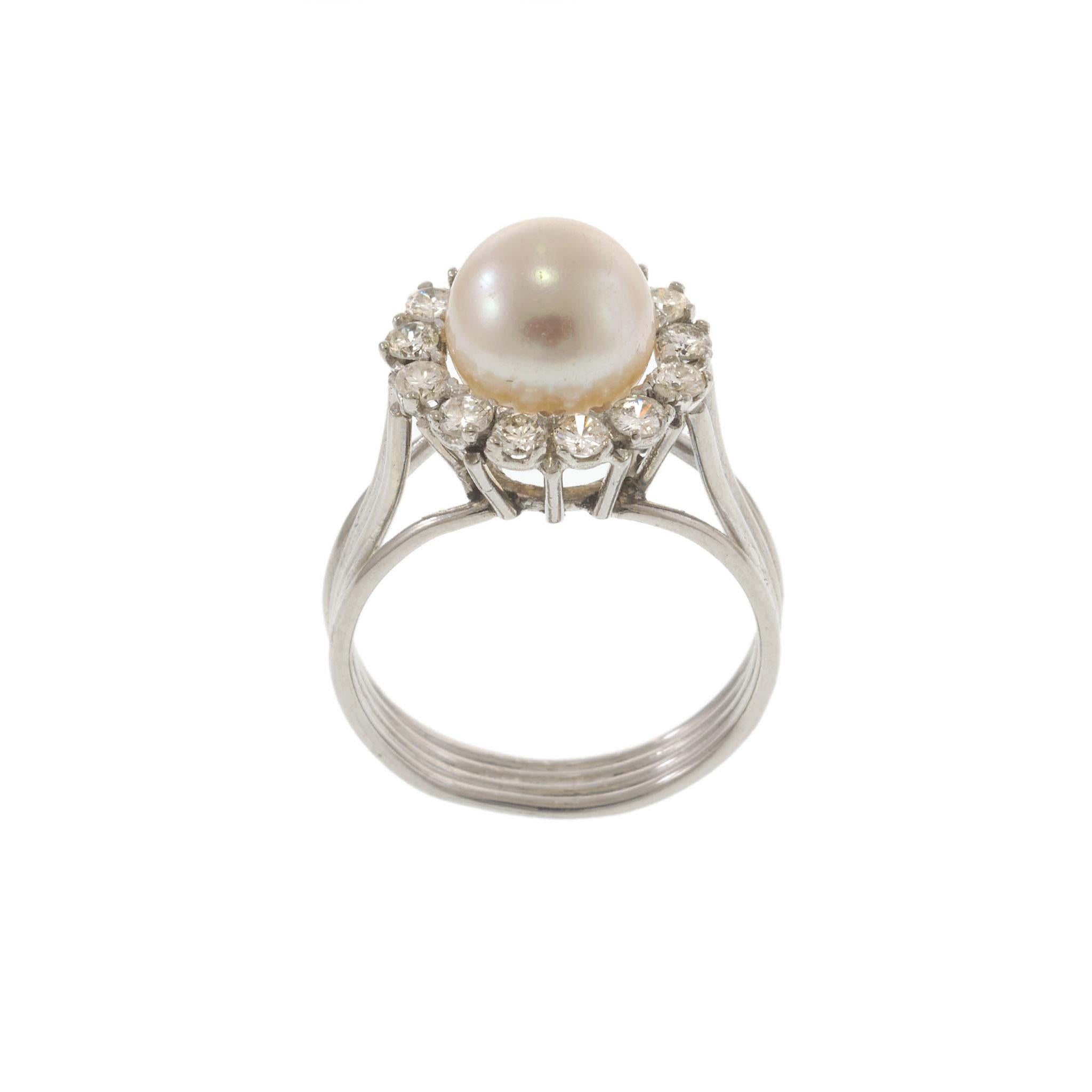 14KT White Gold Vintage Pearl and Diamond Halo Cocktail Ring