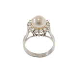 14KT White Gold Vintage Pearl and Diamond Halo Cocktail Ring