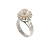 14KT White Gold Vintage Pearl and Diamond Halo Cocktail Ring