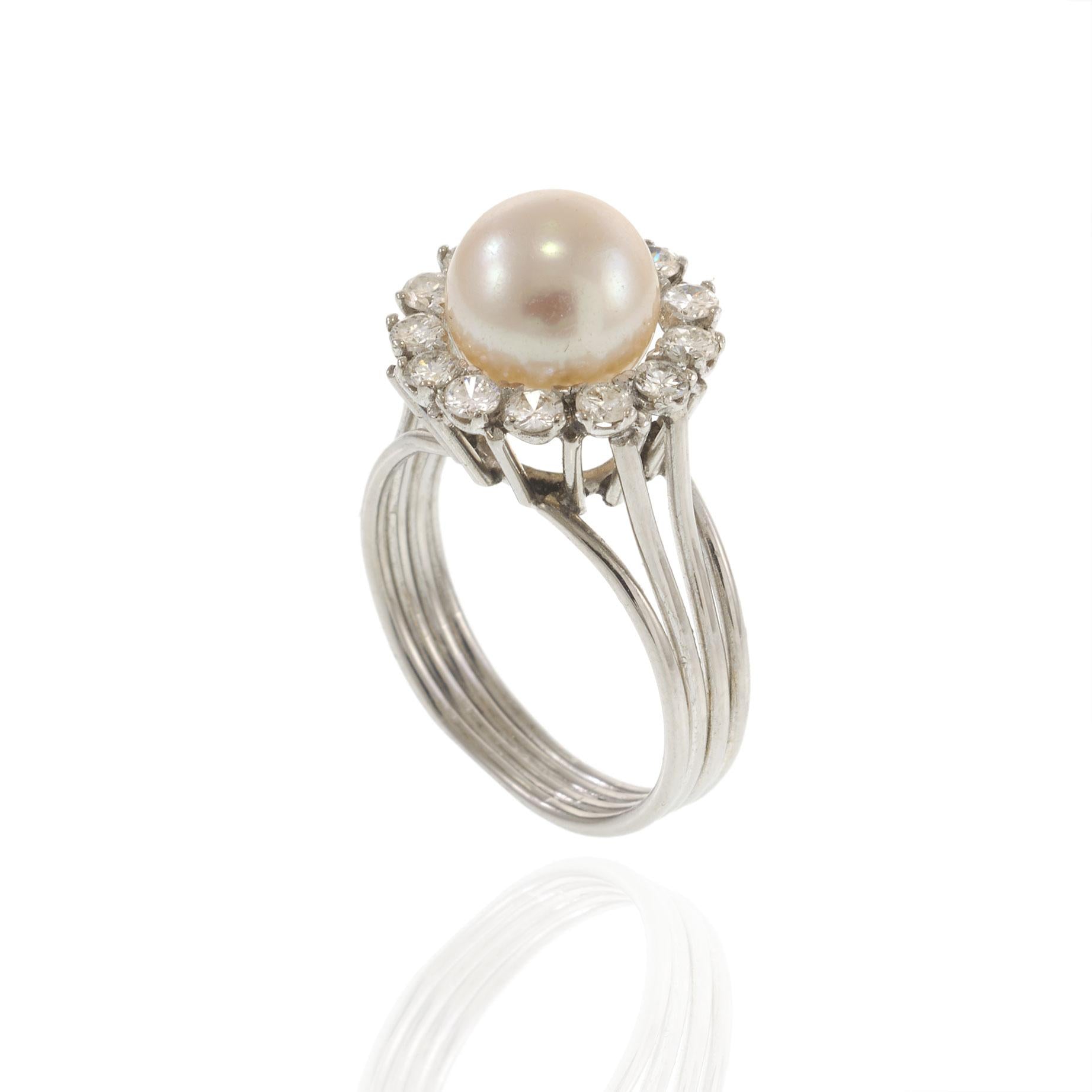 14KT White Gold Vintage Pearl and Diamond Halo Cocktail Ring