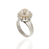 14KT White Gold Vintage Pearl and Diamond Halo Cocktail Ring