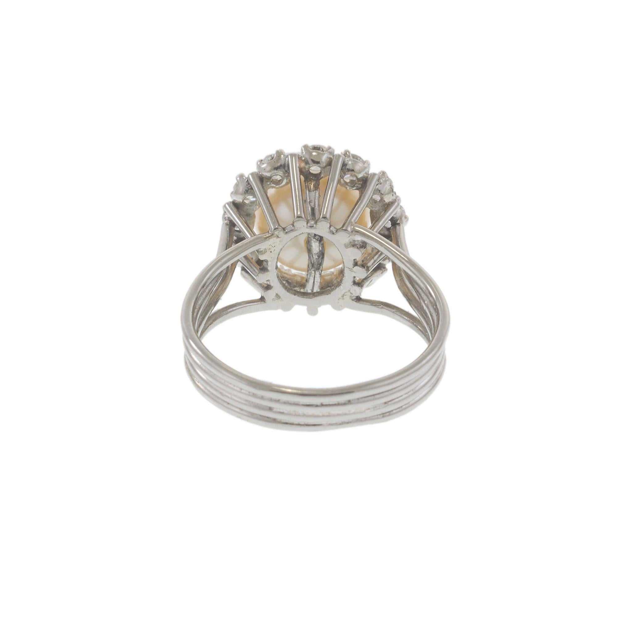 14KT White Gold Vintage Pearl and Diamond Halo Cocktail Ring