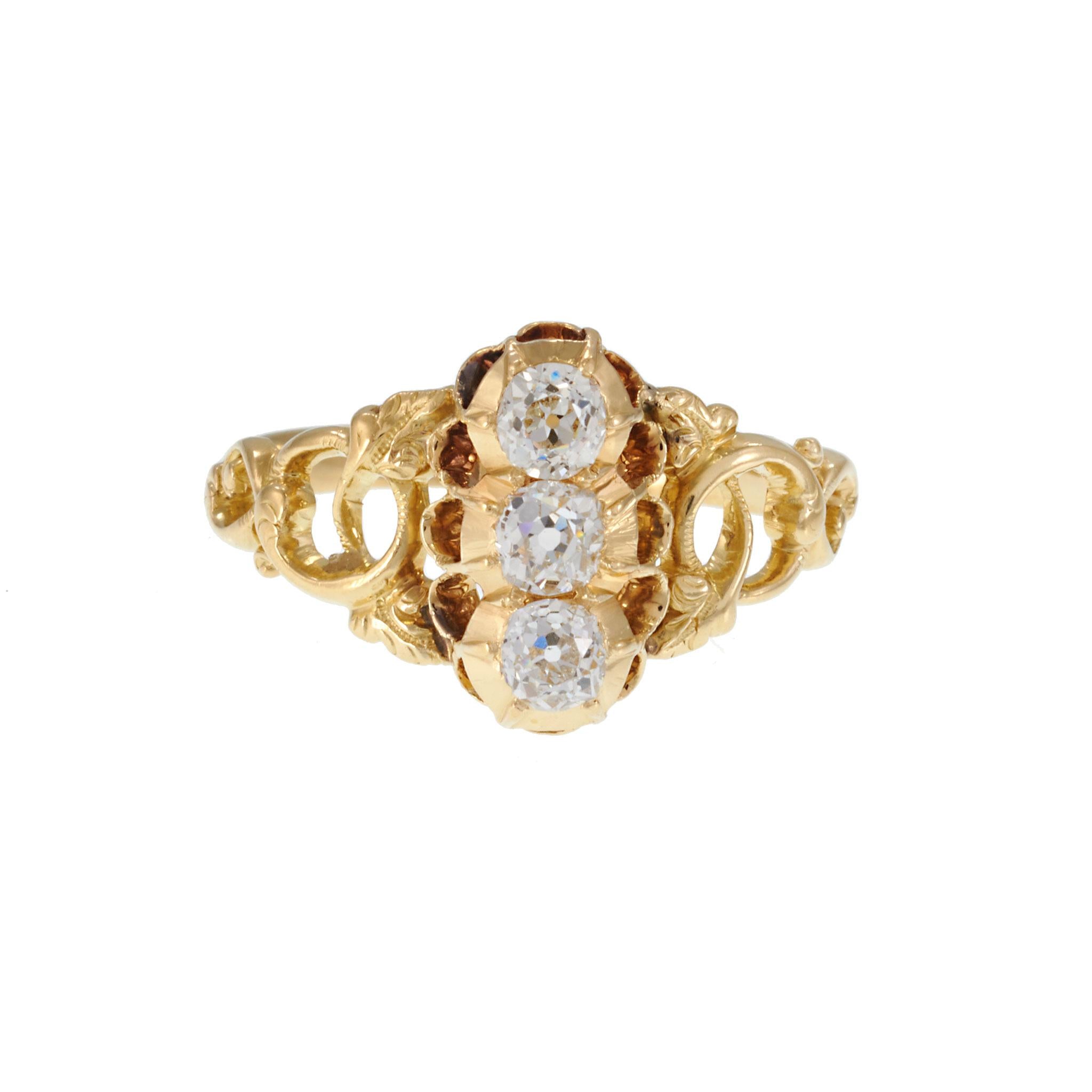 Antique Victorian Era 18KT Yellow Gold 3-Stone Diamond Filigree French Ring