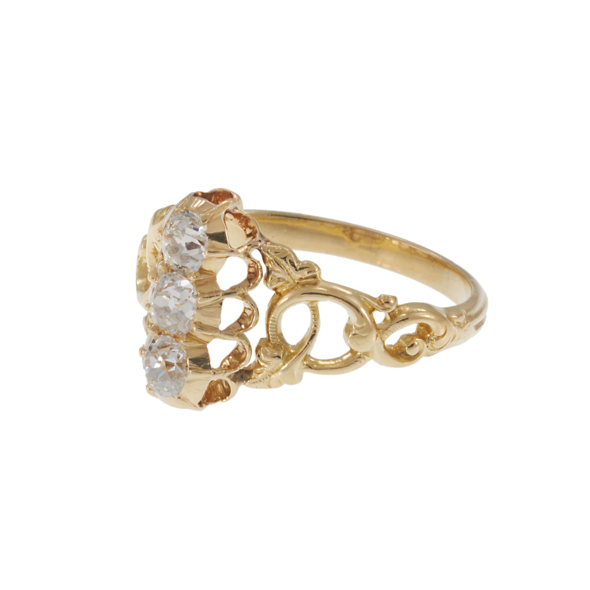 Antique Victorian Era 18KT Yellow Gold 3-Stone Diamond Filigree French Ring