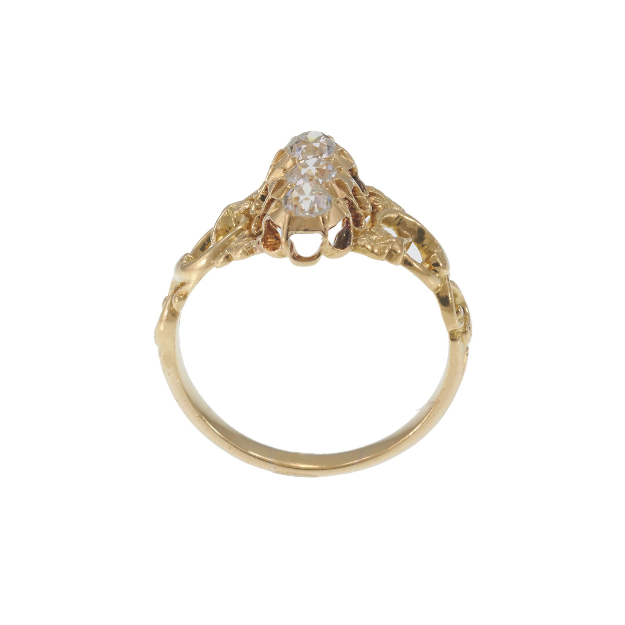 Antique Victorian Era 18KT Yellow Gold 3-Stone Diamond Filigree French Ring