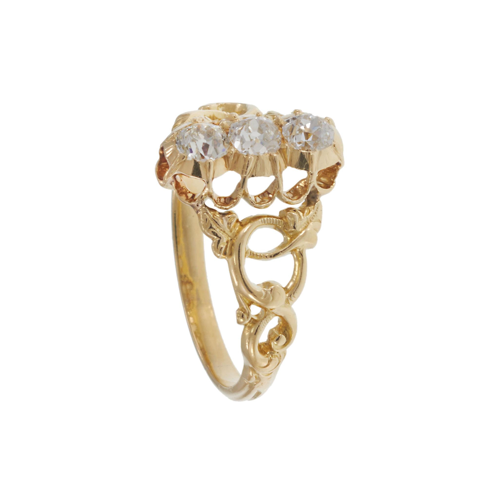 Antique Victorian Era 18KT Yellow Gold 3-Stone Diamond Filigree French Ring