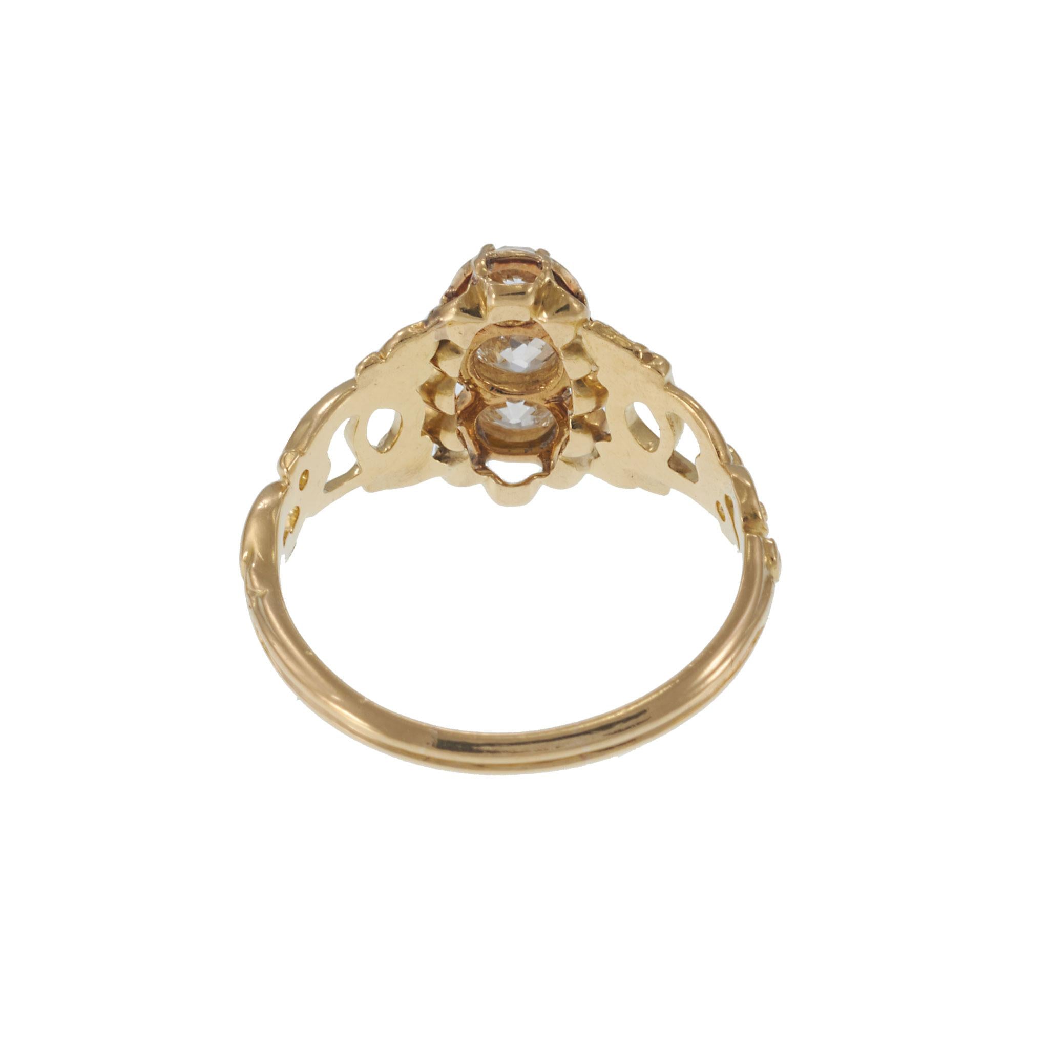 Antique Victorian Era 18KT Yellow Gold 3-Stone Diamond Filigree French Ring