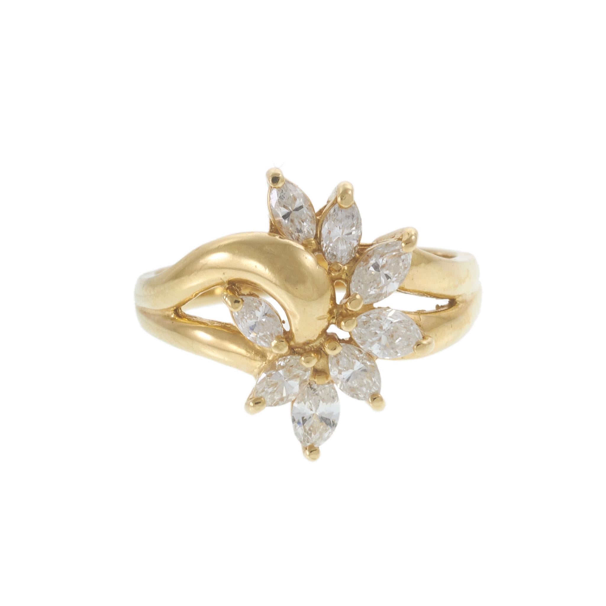 Vintage 1970s 18KT Yellow Gold 1.00CT-TW Marquise Diamond Cluster Ring