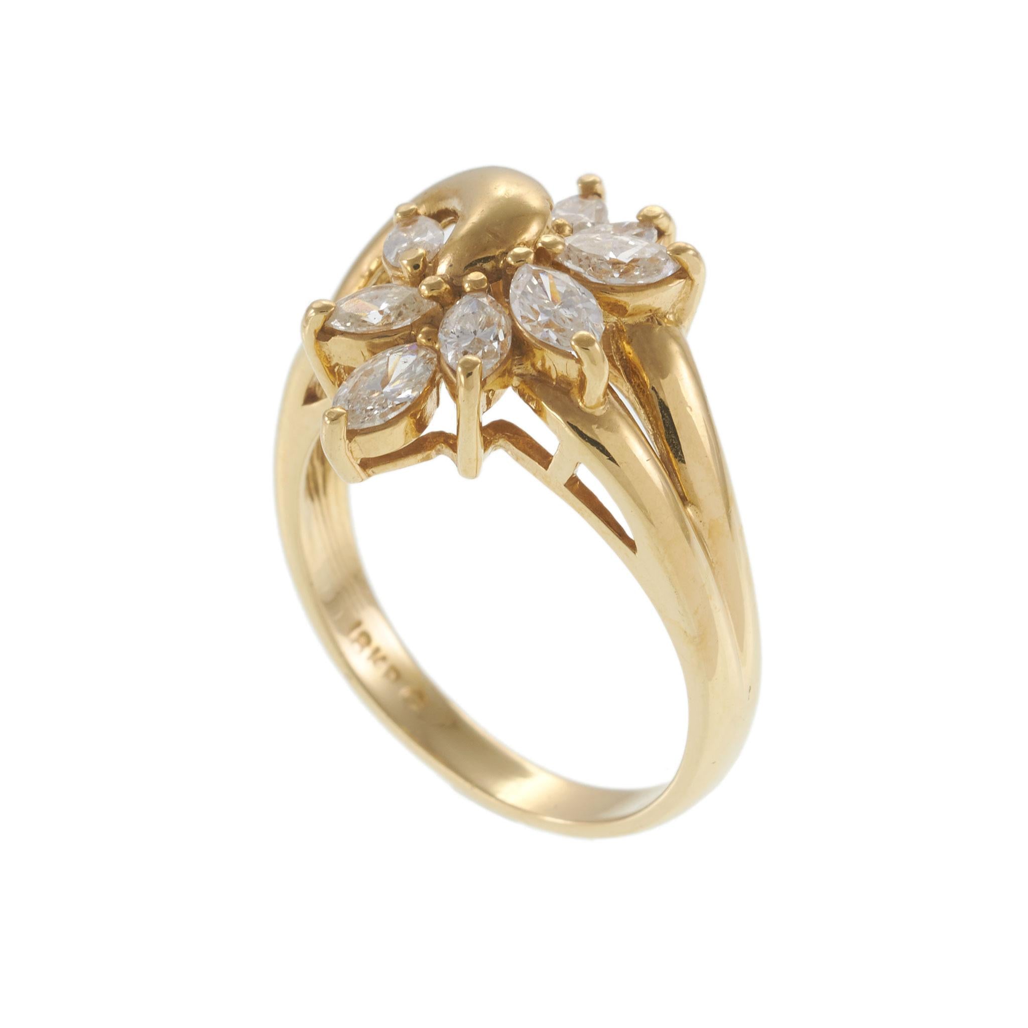 Vintage 1970s 18KT Yellow Gold 1.00CT-TW Marquise Diamond Cluster Ring