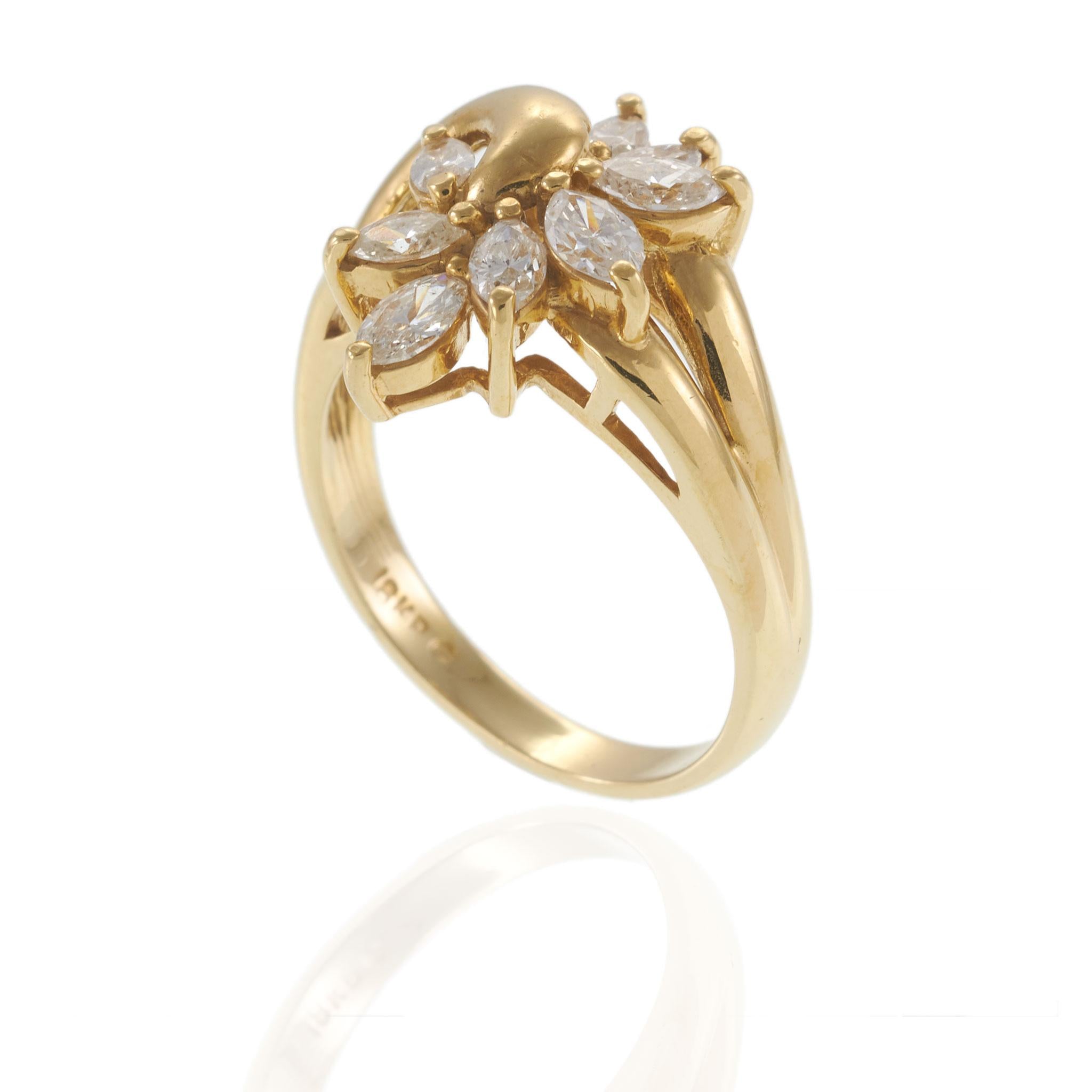 Vintage 1970s 18KT Yellow Gold 1.00CT-TW Marquise Diamond Cluster Ring