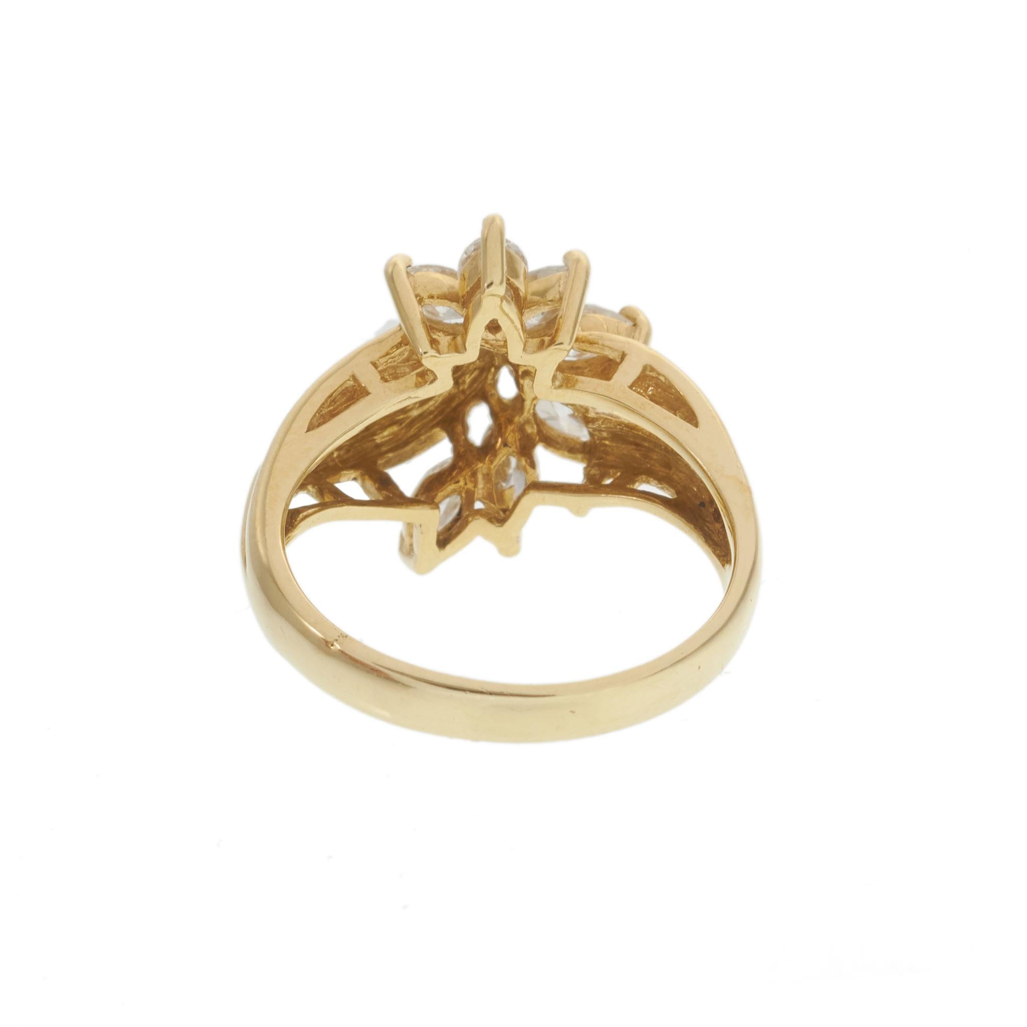 Vintage 1970s 18KT Yellow Gold 1.00CT-TW Marquise Diamond Cluster Ring