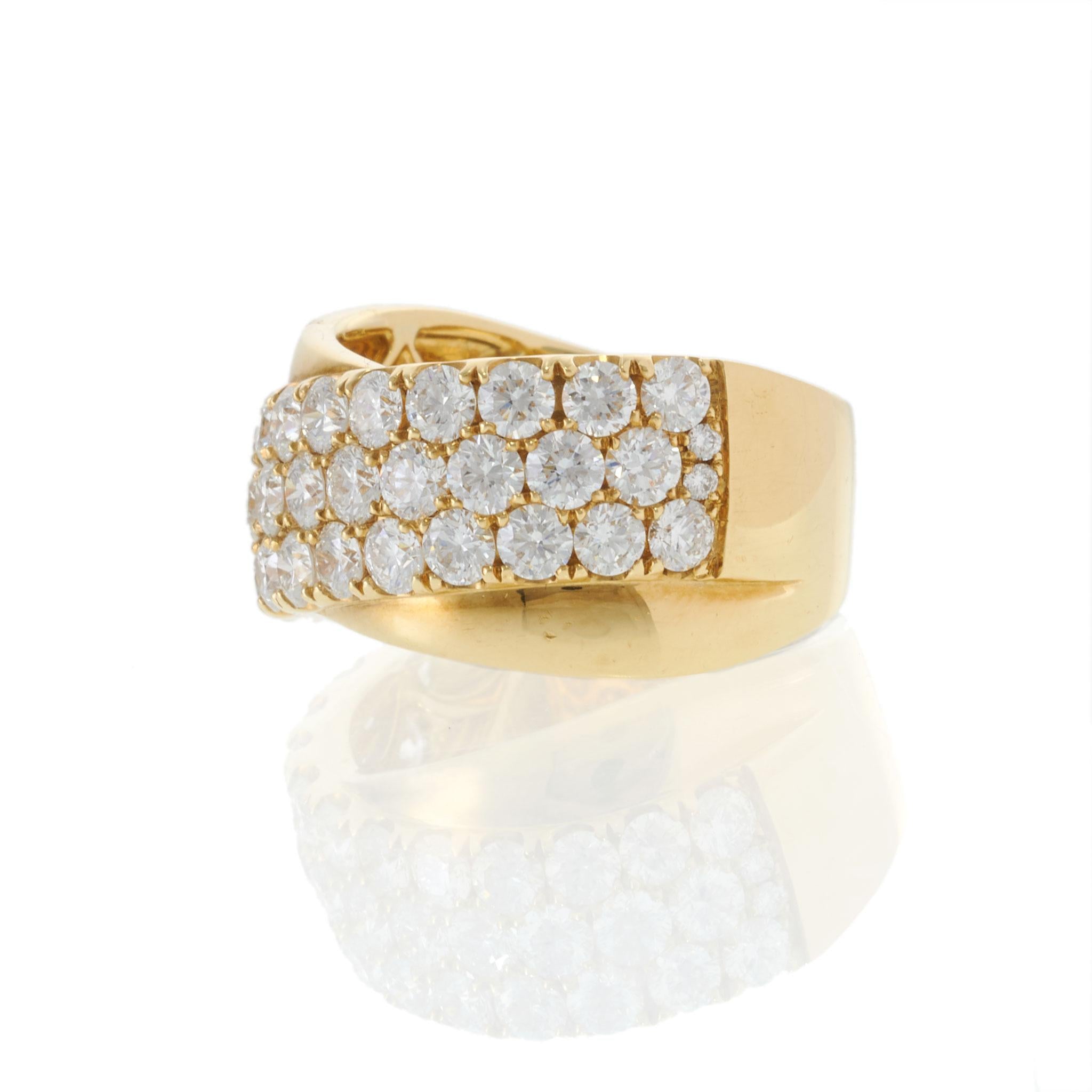 18KT Yellow Gold Three-Row Pavé Diamond Crossover Band Ring