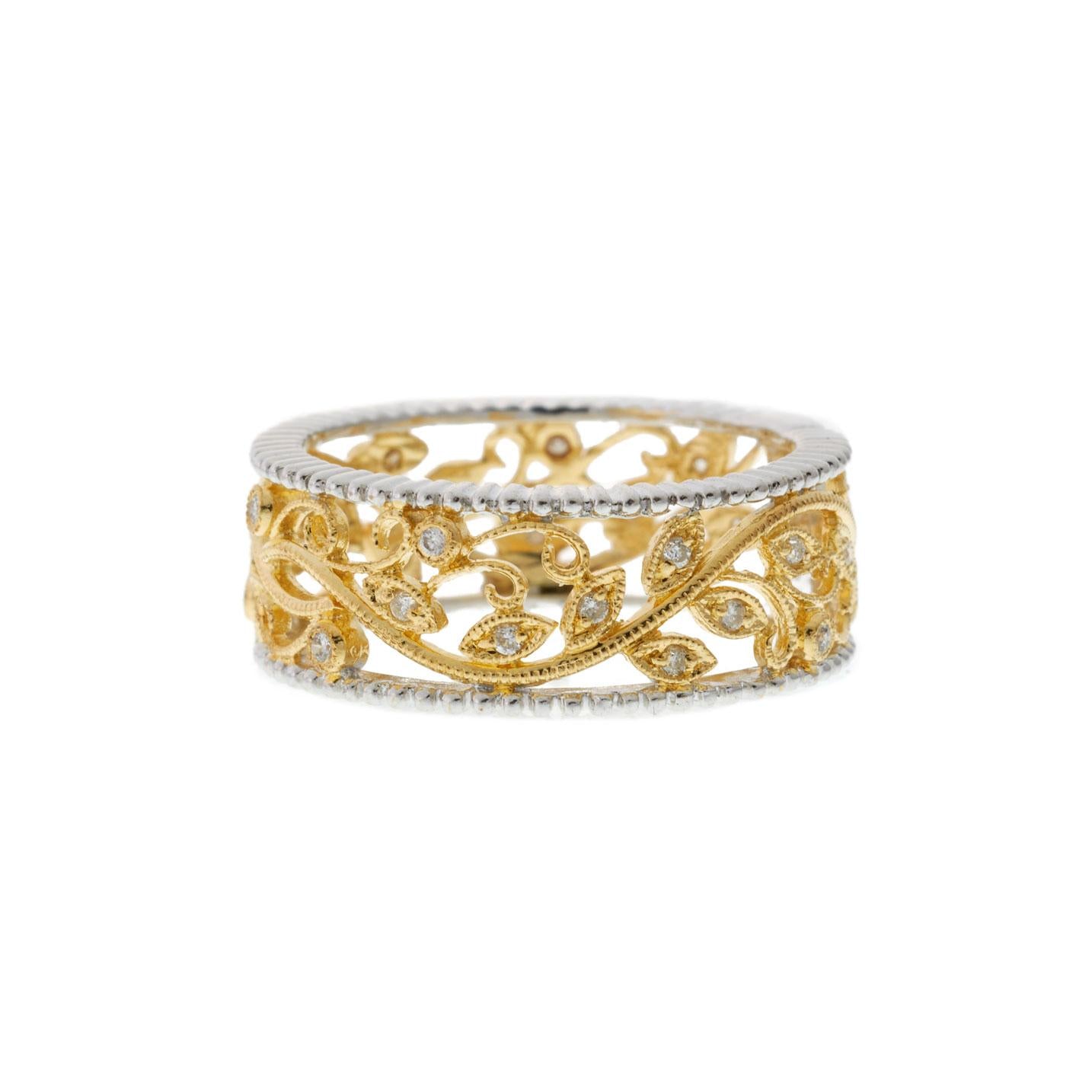 18KT Two-Tone Floral Filigree Diamond Band Ring