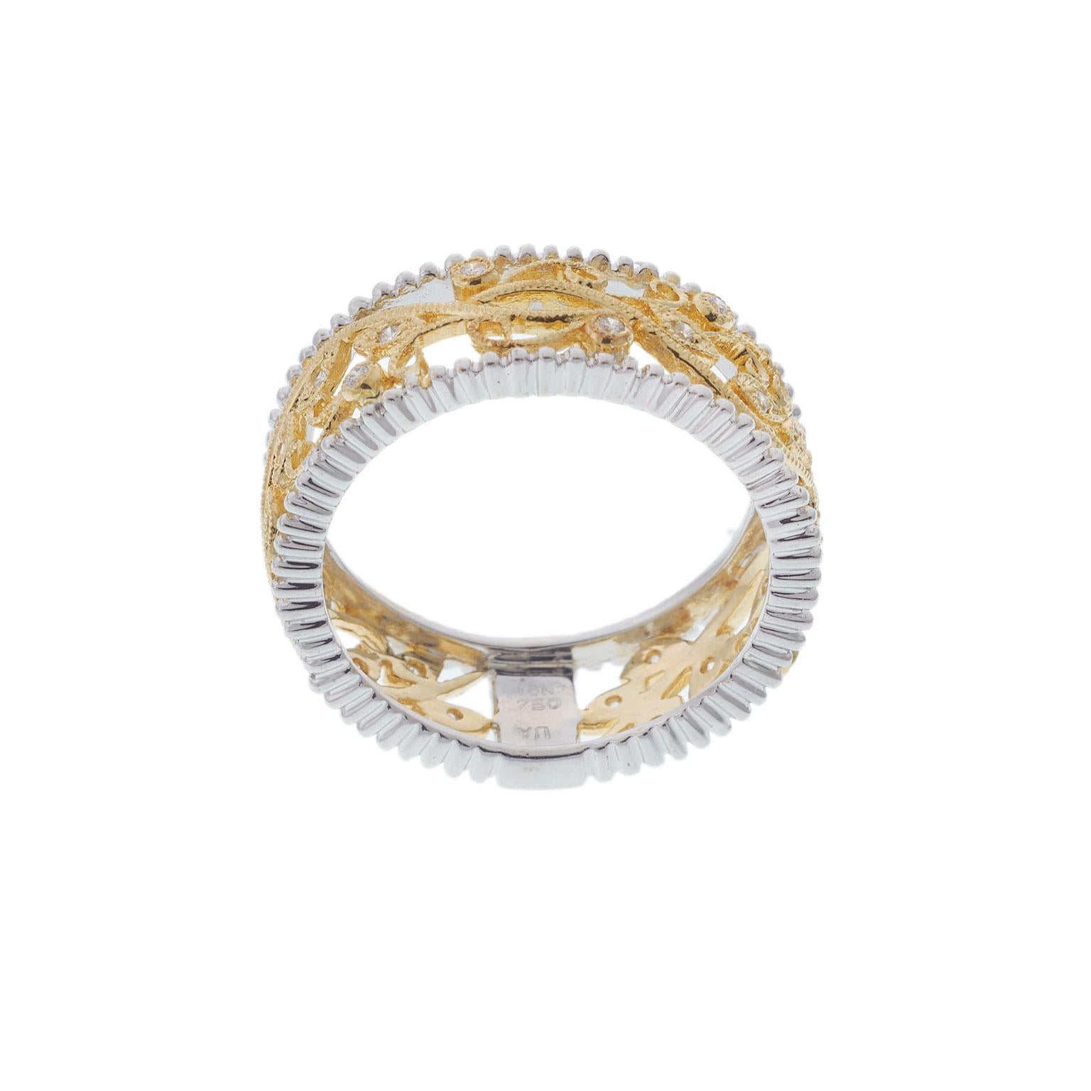 18KT Two-Tone Floral Filigree Diamond Band Ring