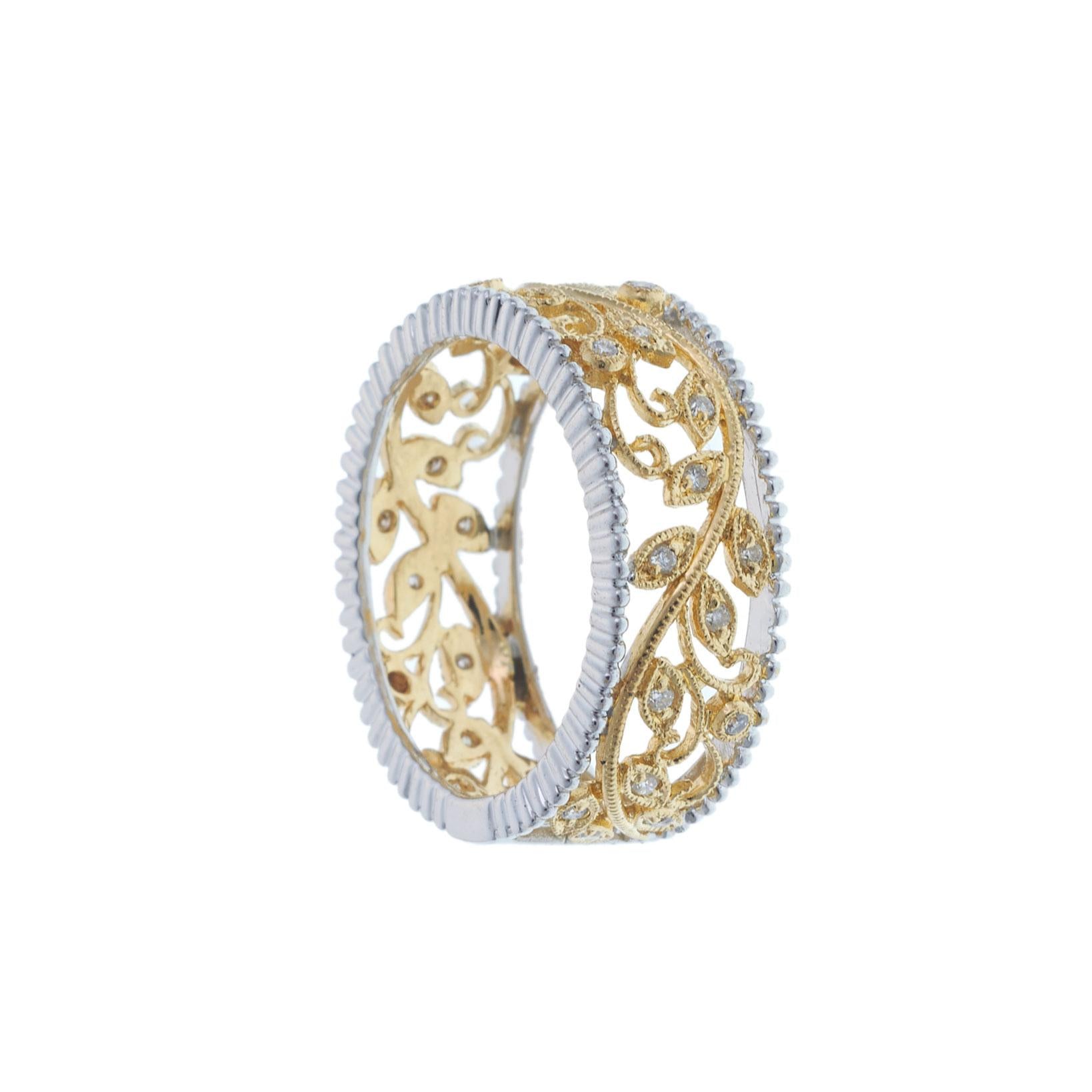 18KT Two-Tone Floral Filigree Diamond Band Ring