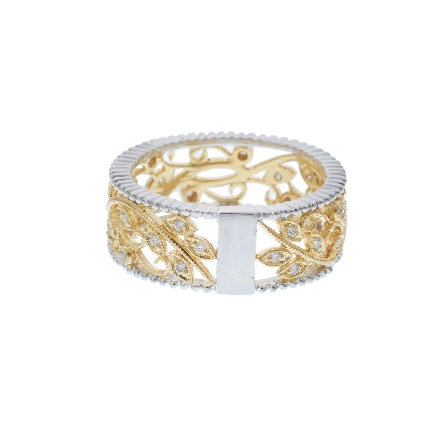 18KT Two-Tone Floral Filigree Diamond Band Ring