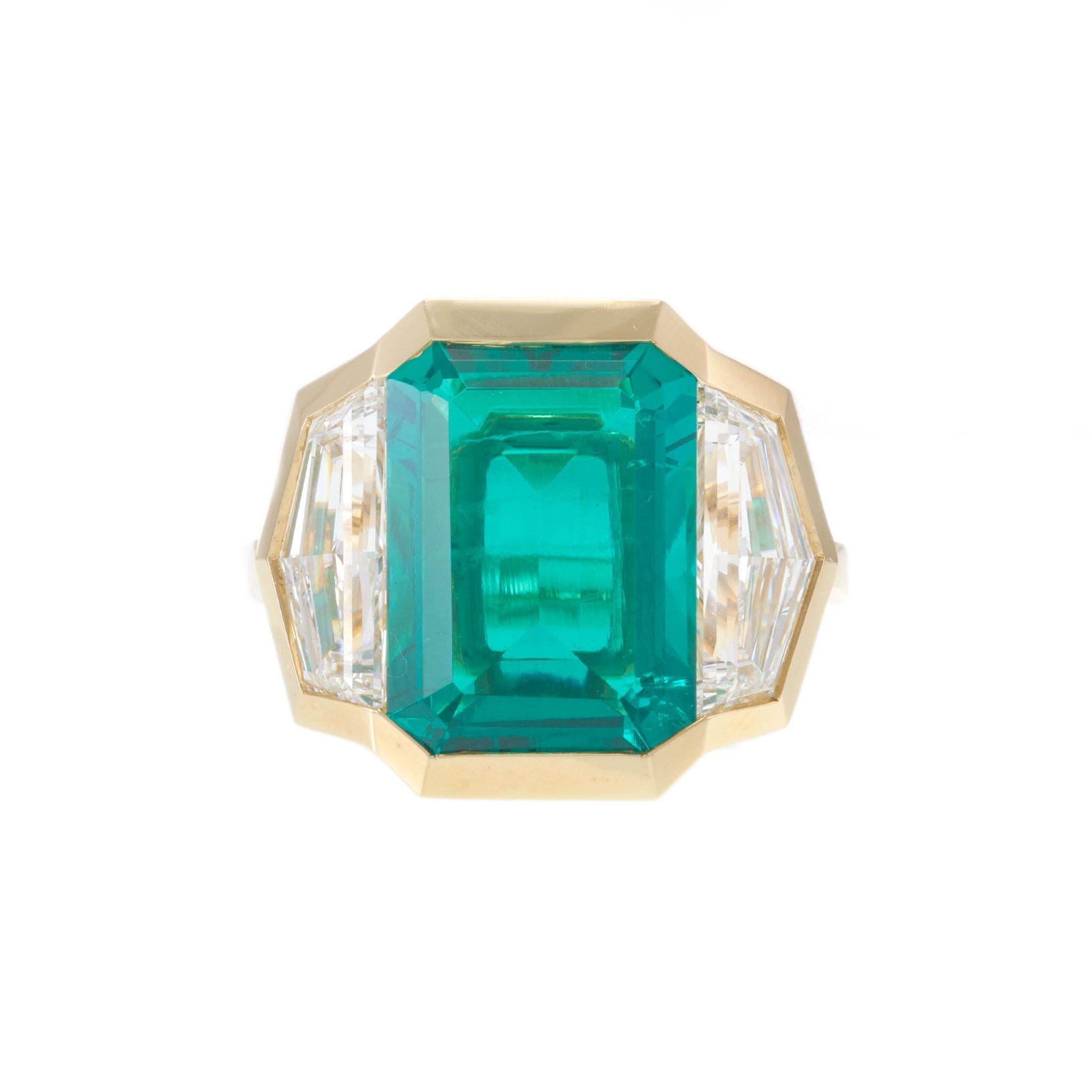 14KT Yellow Gold Lab Grown Emerald and Trapezoid Diamond Cocktail Ring