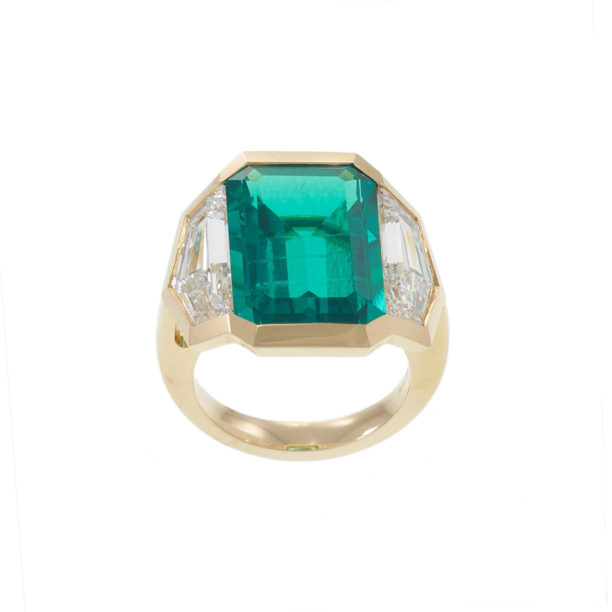 14KT Yellow Gold Lab Grown Emerald and Trapezoid Diamond Cocktail Ring