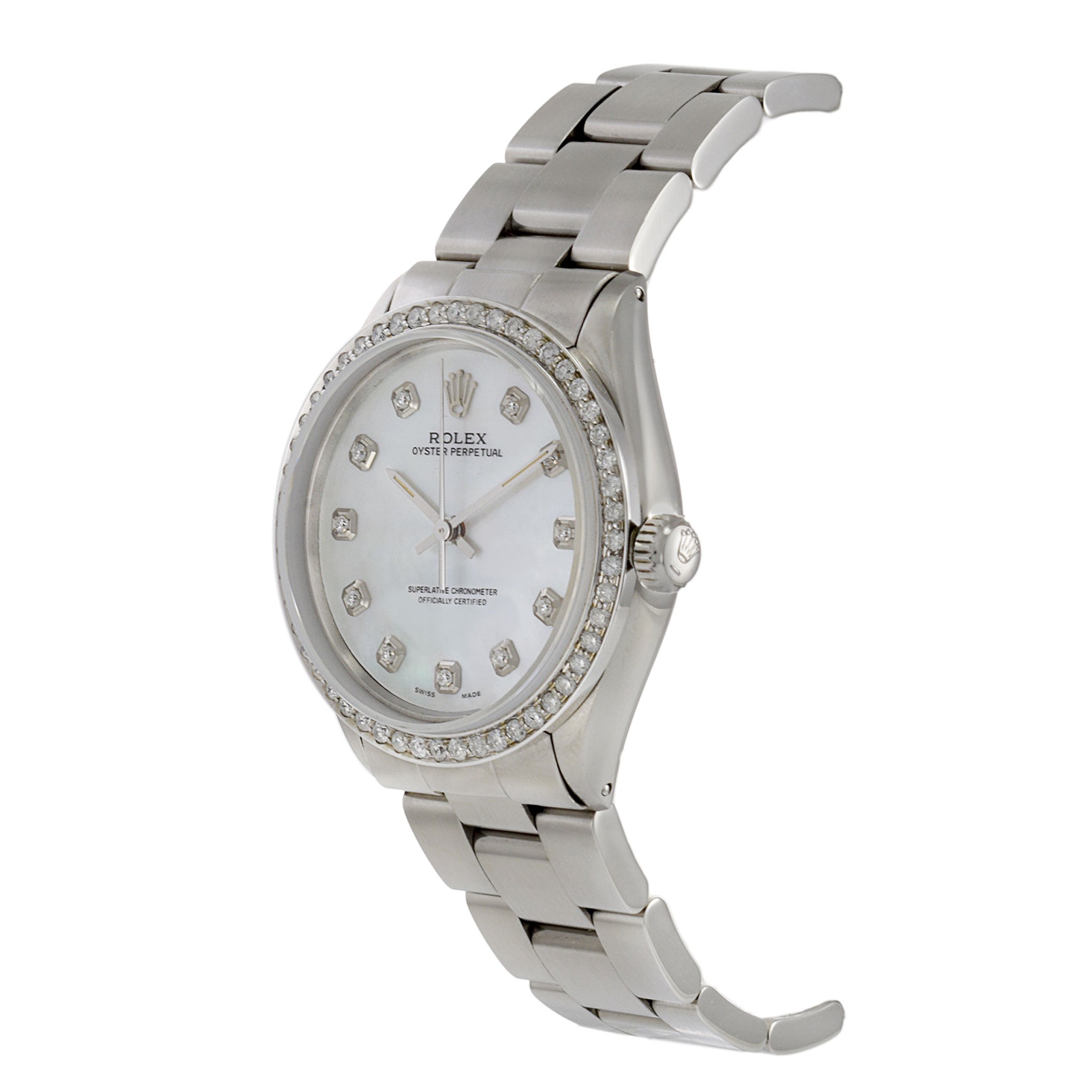 Rolex Oyster Perpetual Reference 5500 34mm Mother Of Pearl Dial Diamond Watch