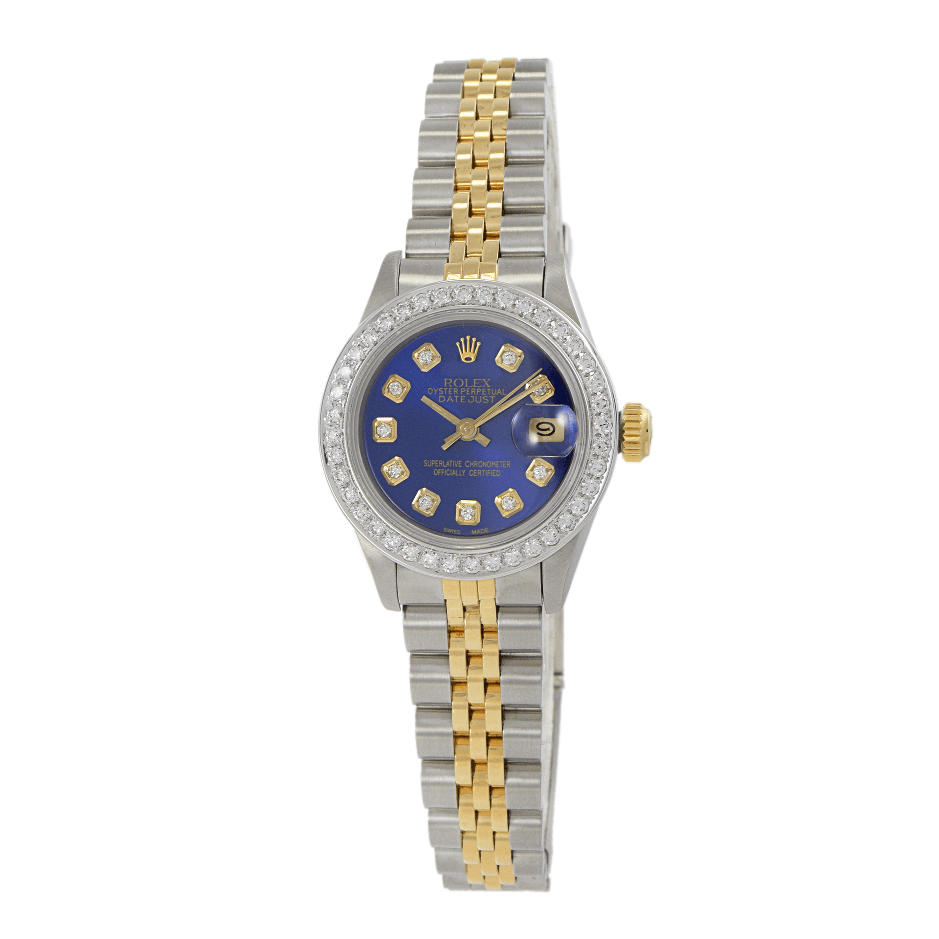 Rolex Ladies Datejust 26mm Two-Tone 69173 Custom Blue Diamond Dial and Bezel Watch