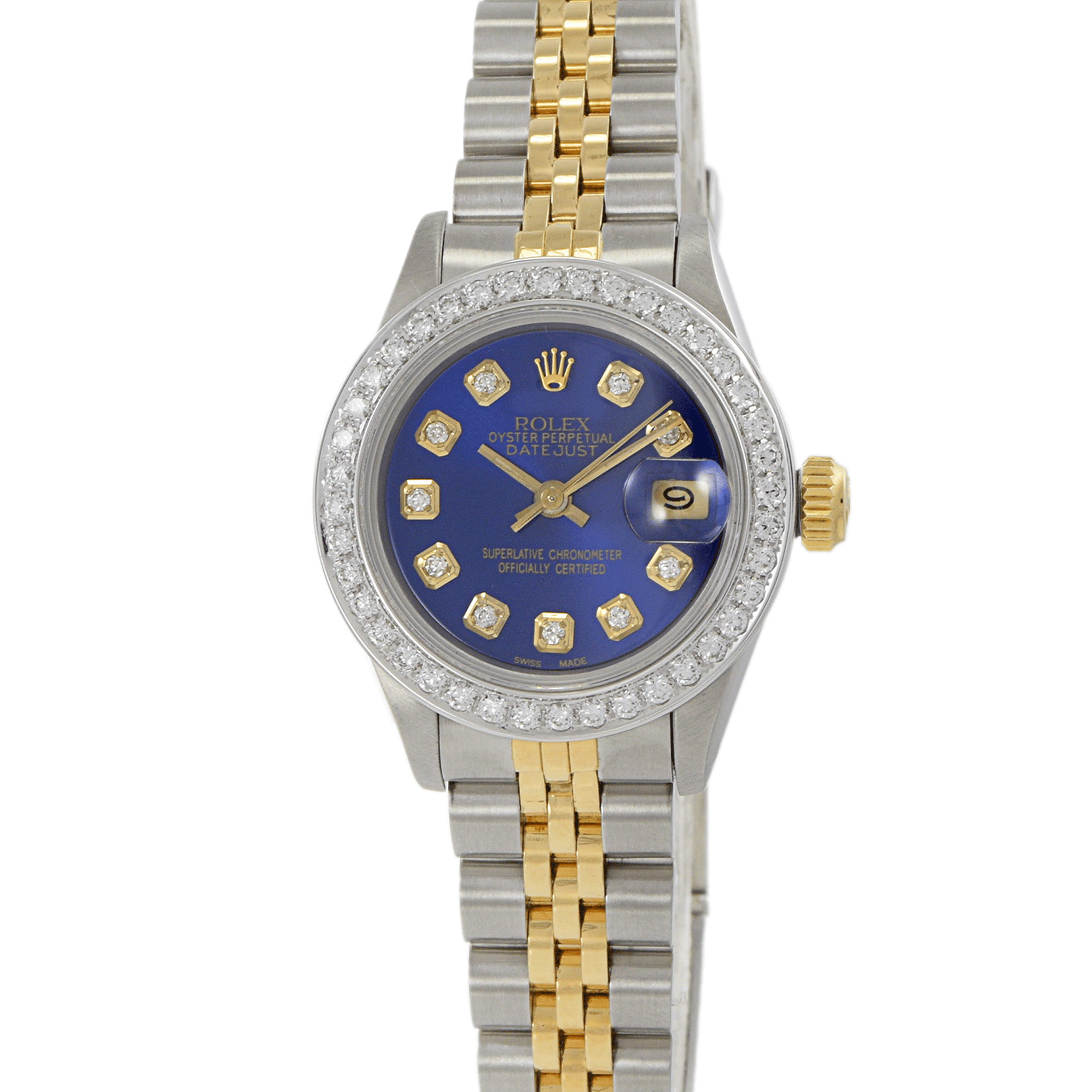 Rolex Ladies Datejust 26mm Two-Tone 69173 Custom Blue Diamond Dial and Bezel Watch