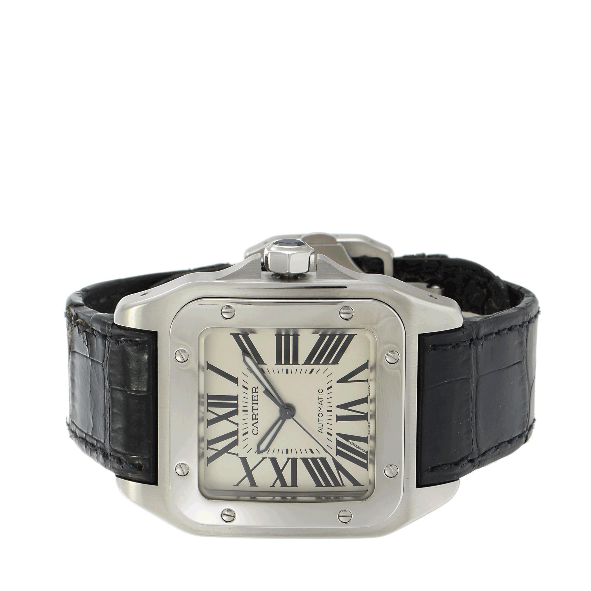 Cartier Santos 100 Large Stainless Steel Watch with Black Alligator Strap