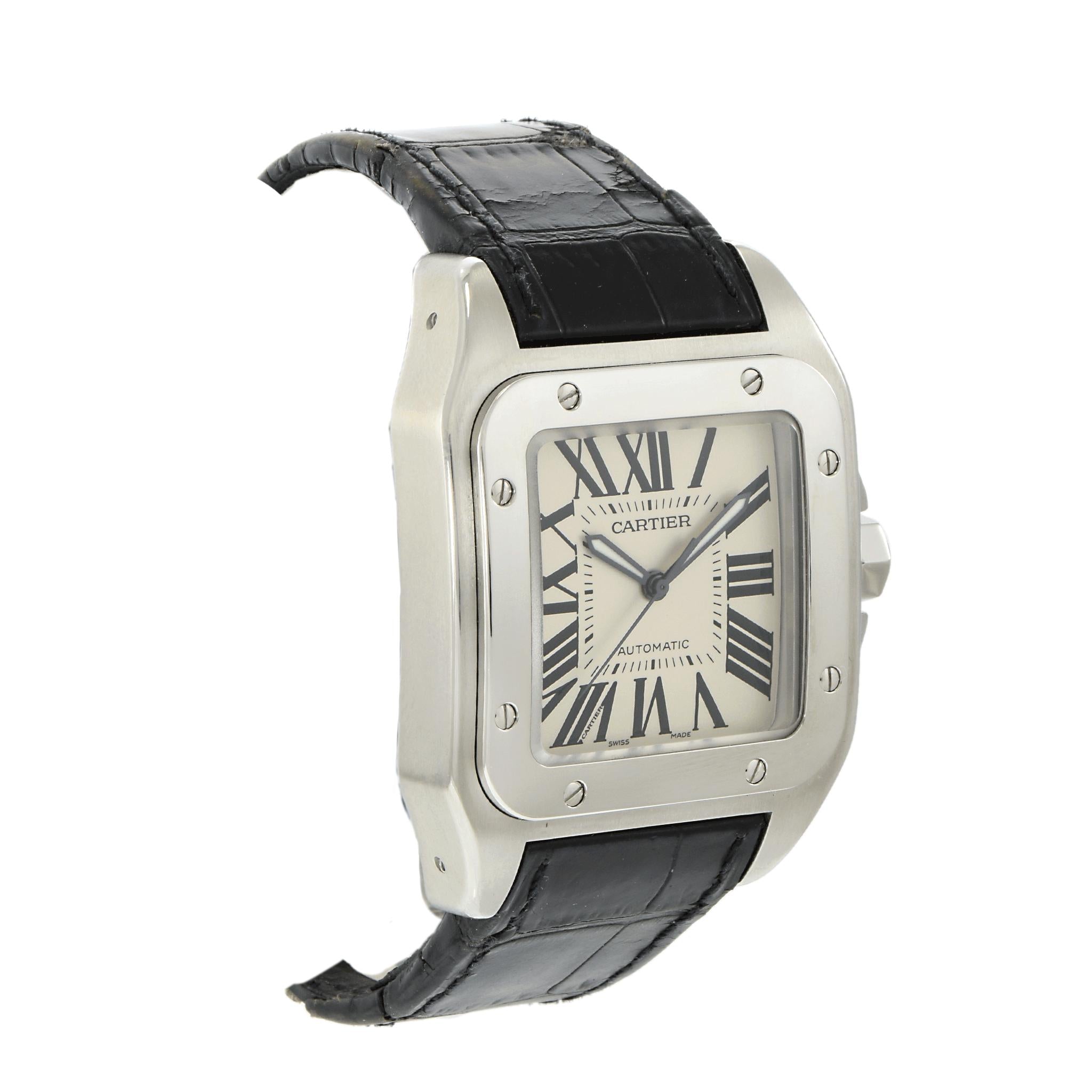 Cartier Santos 100 Large Stainless Steel Watch with Black Alligator Strap