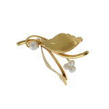 Vintage Retro Era 14KT Yellow Gold Leaf Pin with White Akoya Pearl Flowers