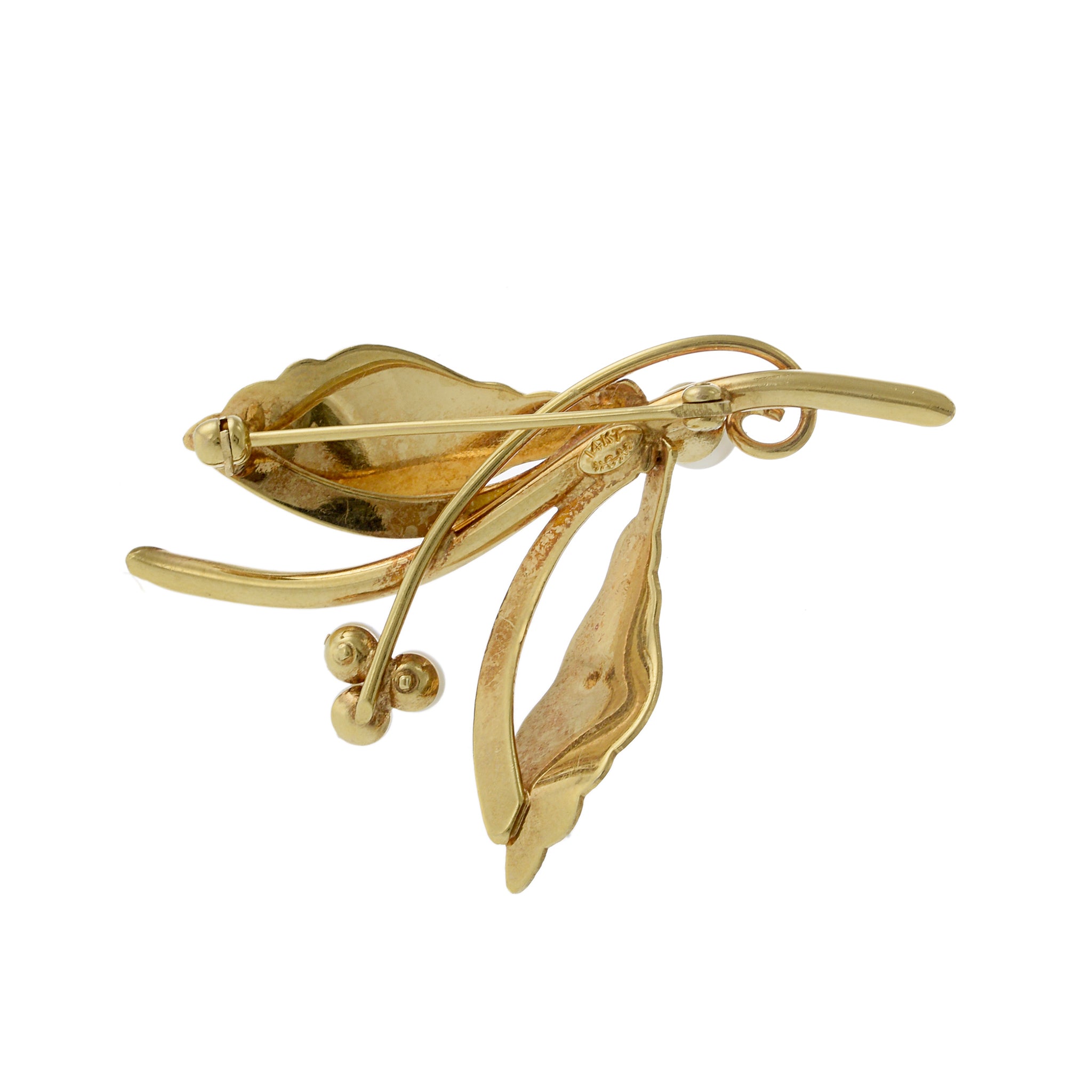 Vintage Retro Era 14KT Yellow Gold Leaf Pin with White Akoya Pearl Flowers