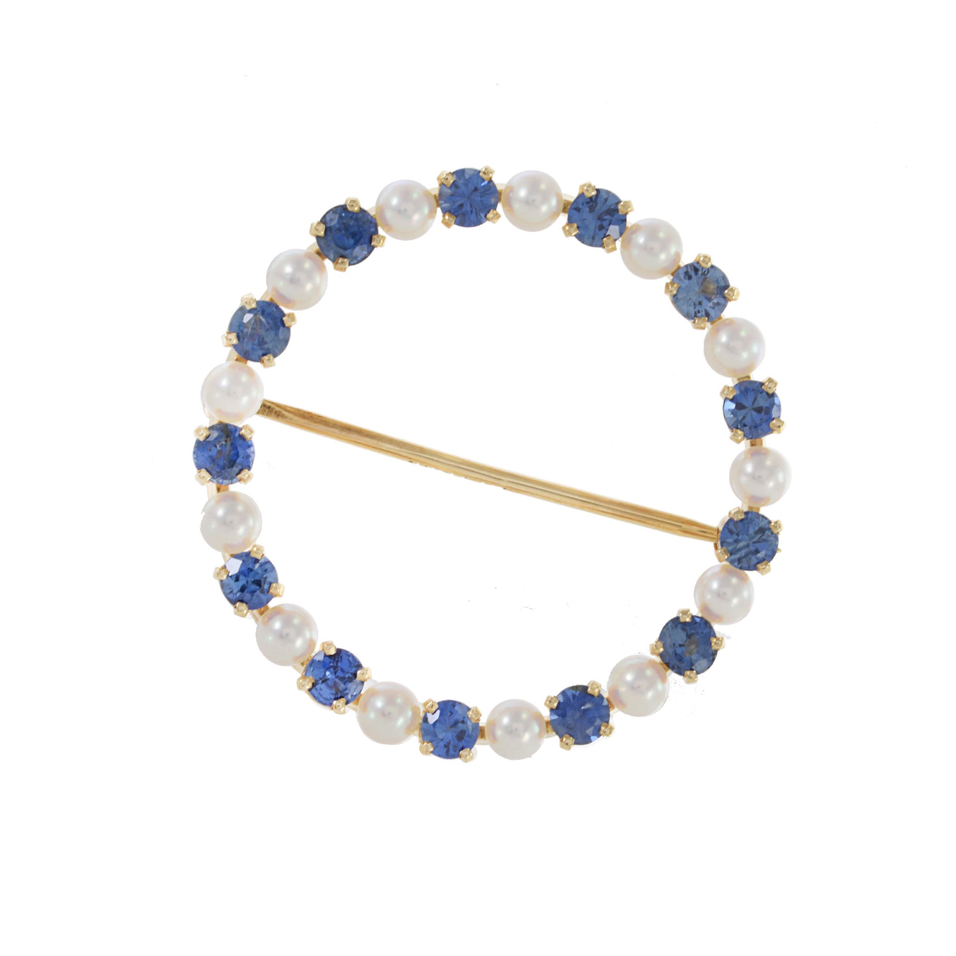 Vintage 1970's 14KT Yellow Gold Pearl and Sapphire Circle Brooch
