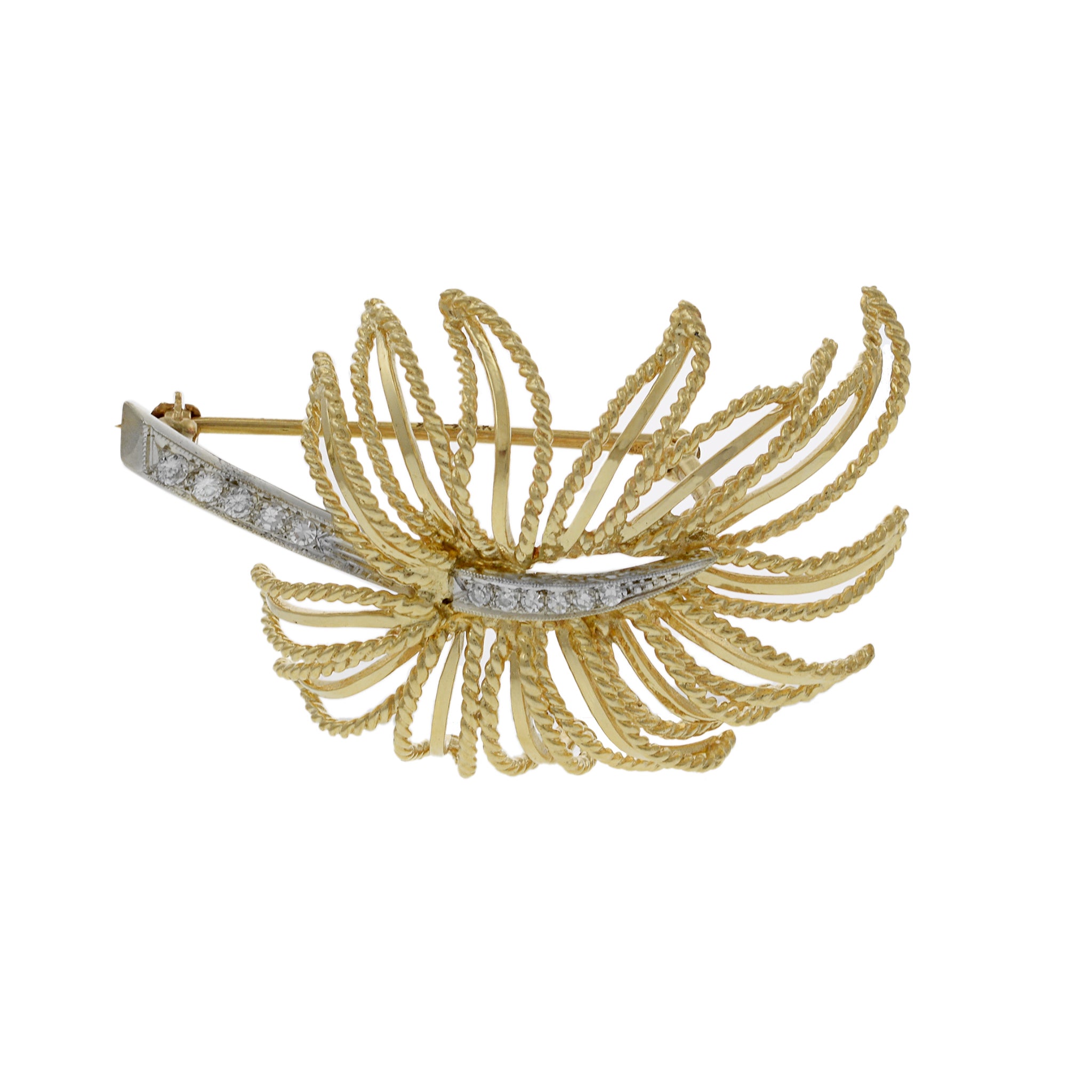 Vintage Retro Era 14KT Yellow Gold and Round Cut Diamond Leaf Brooch