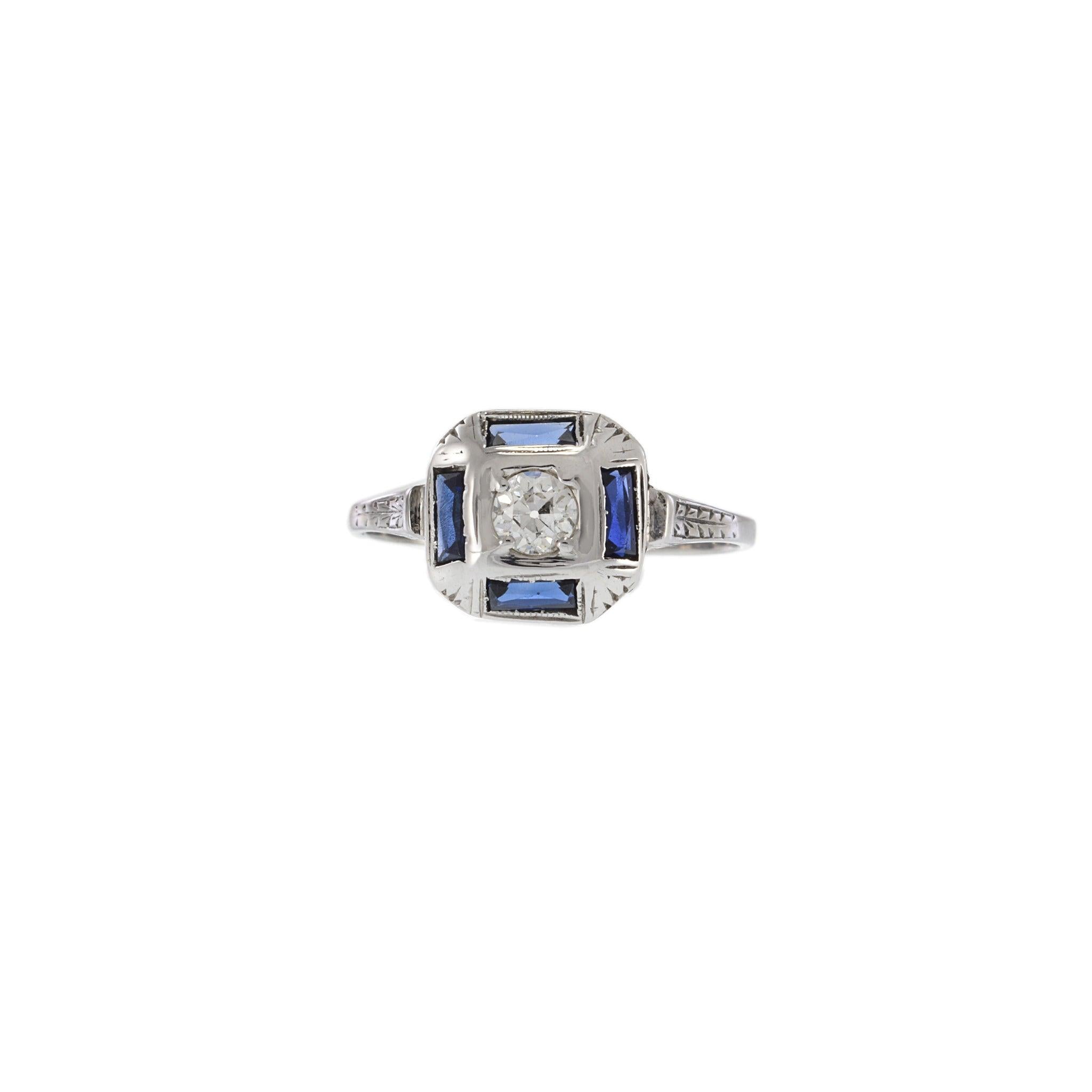 Antique Art Deco 14KT Gold & Platinum Sapphire and Diamond Filigree Ring