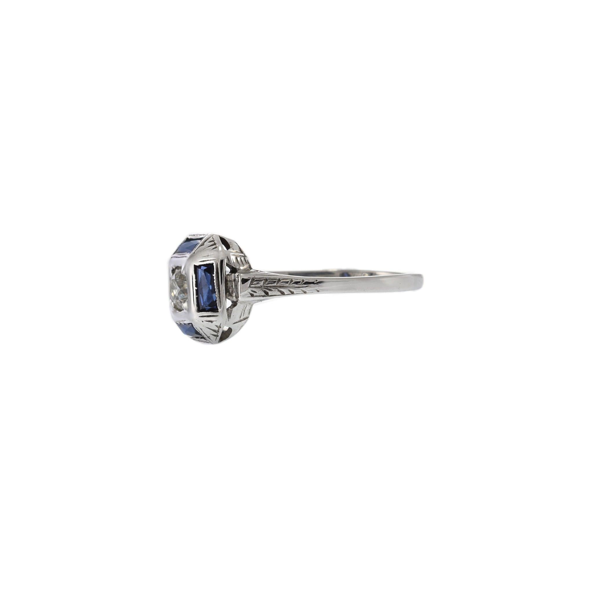 Antique Art Deco 14KT Gold & Platinum Sapphire and Diamond Filigree Ring