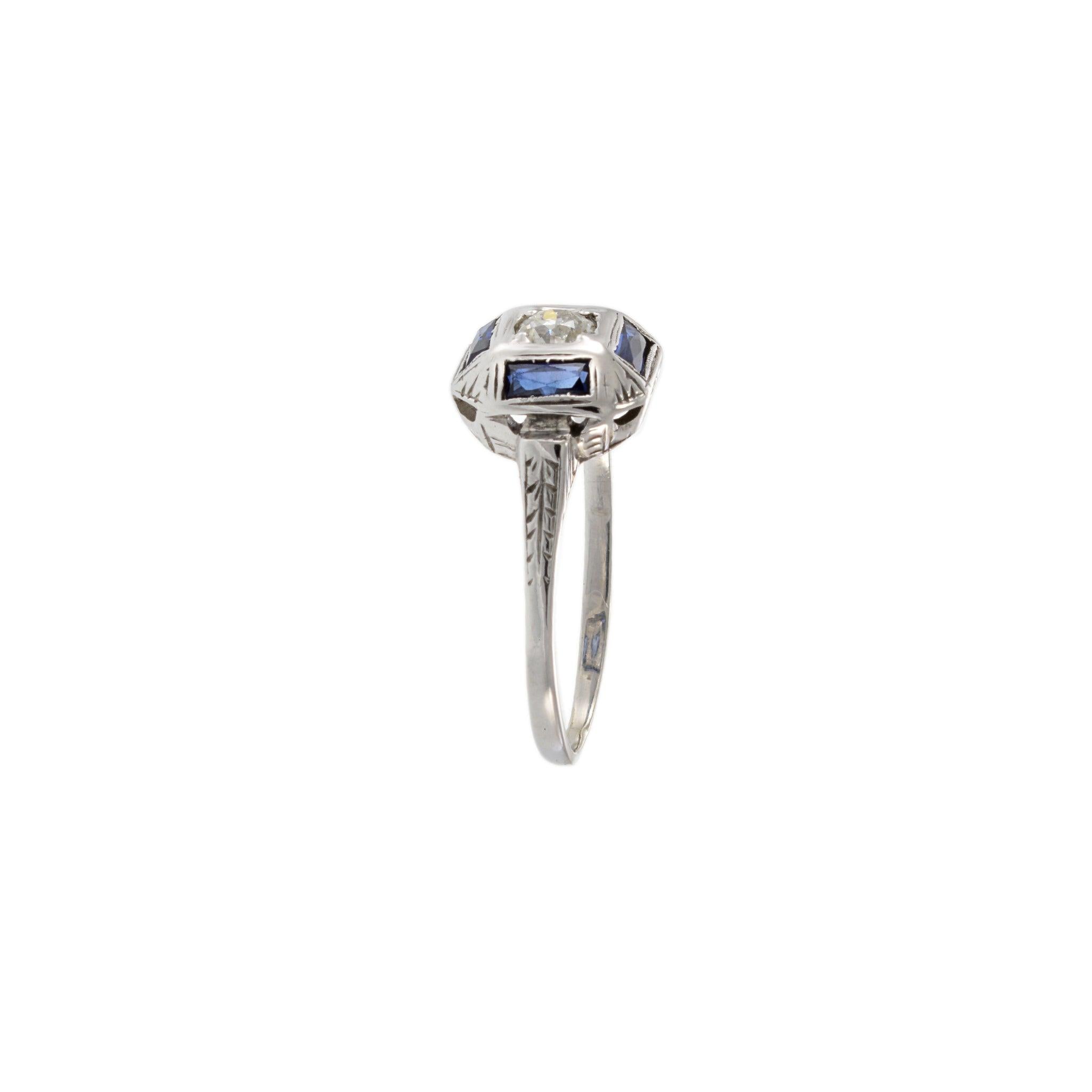Antique Art Deco 14KT Gold & Platinum Sapphire and Diamond Filigree Ring