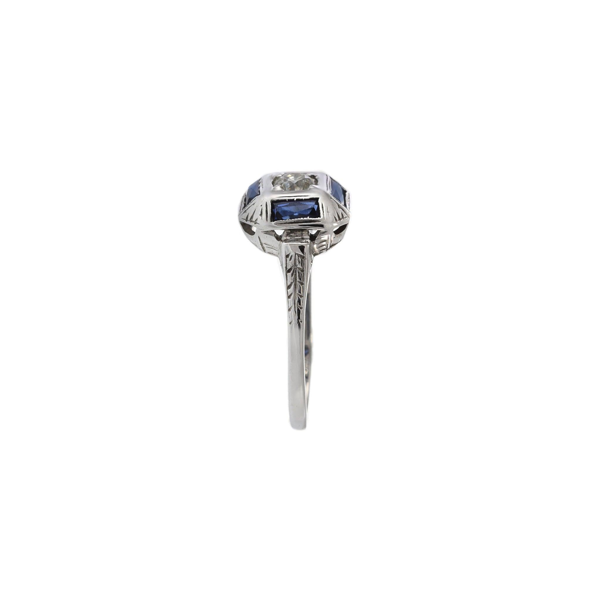 Antique Art Deco 14KT Gold & Platinum Sapphire and Diamond Filigree Ring