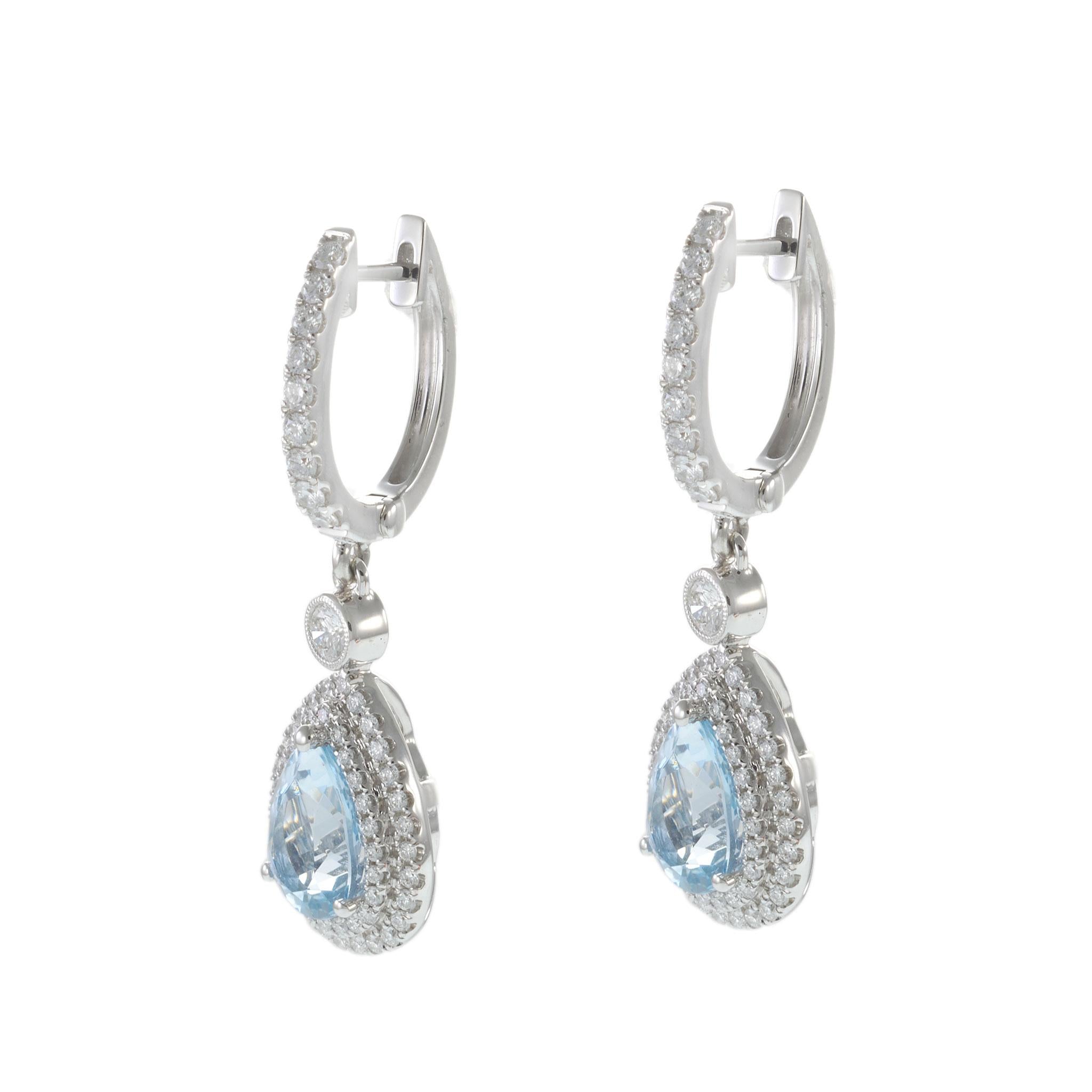 18KT White Gold Aquamarine and Diamond Drop Earrings