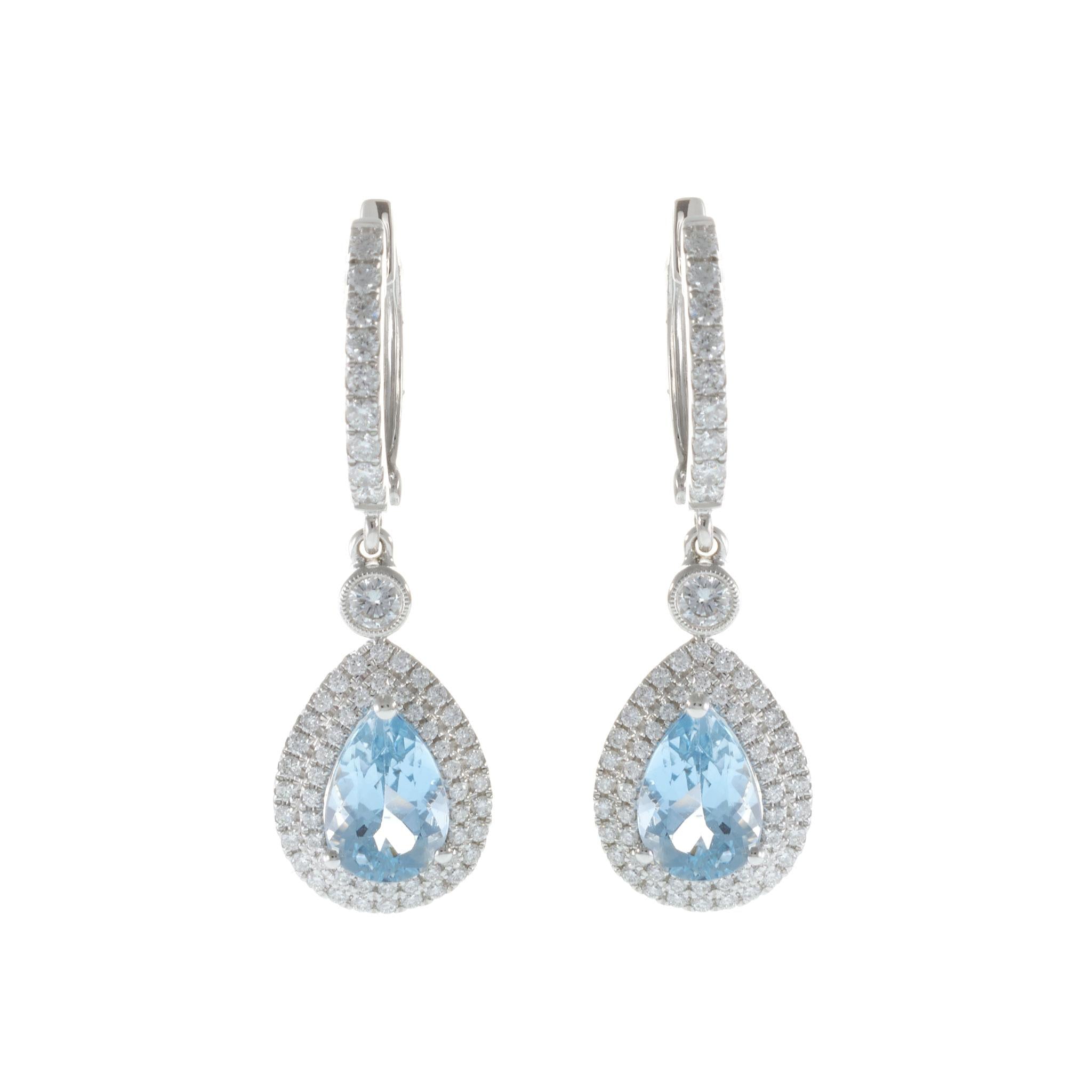 18KT White Gold Aquamarine and Diamond Drop Earrings