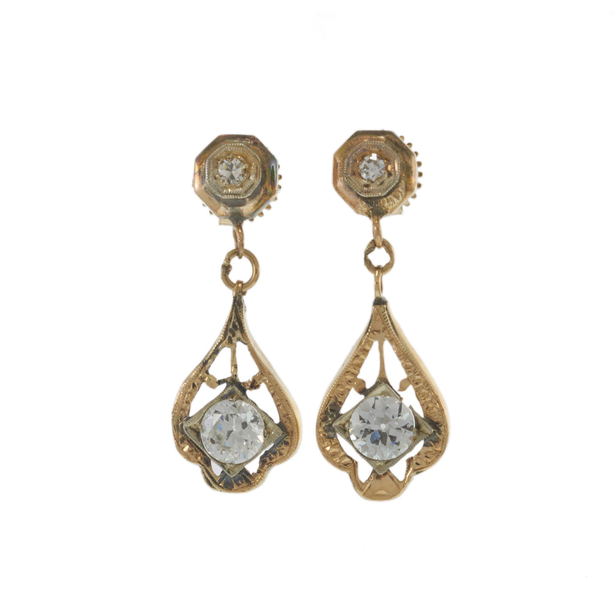 14KT Yellow Gold Art Deco Diamond Drop Earrings