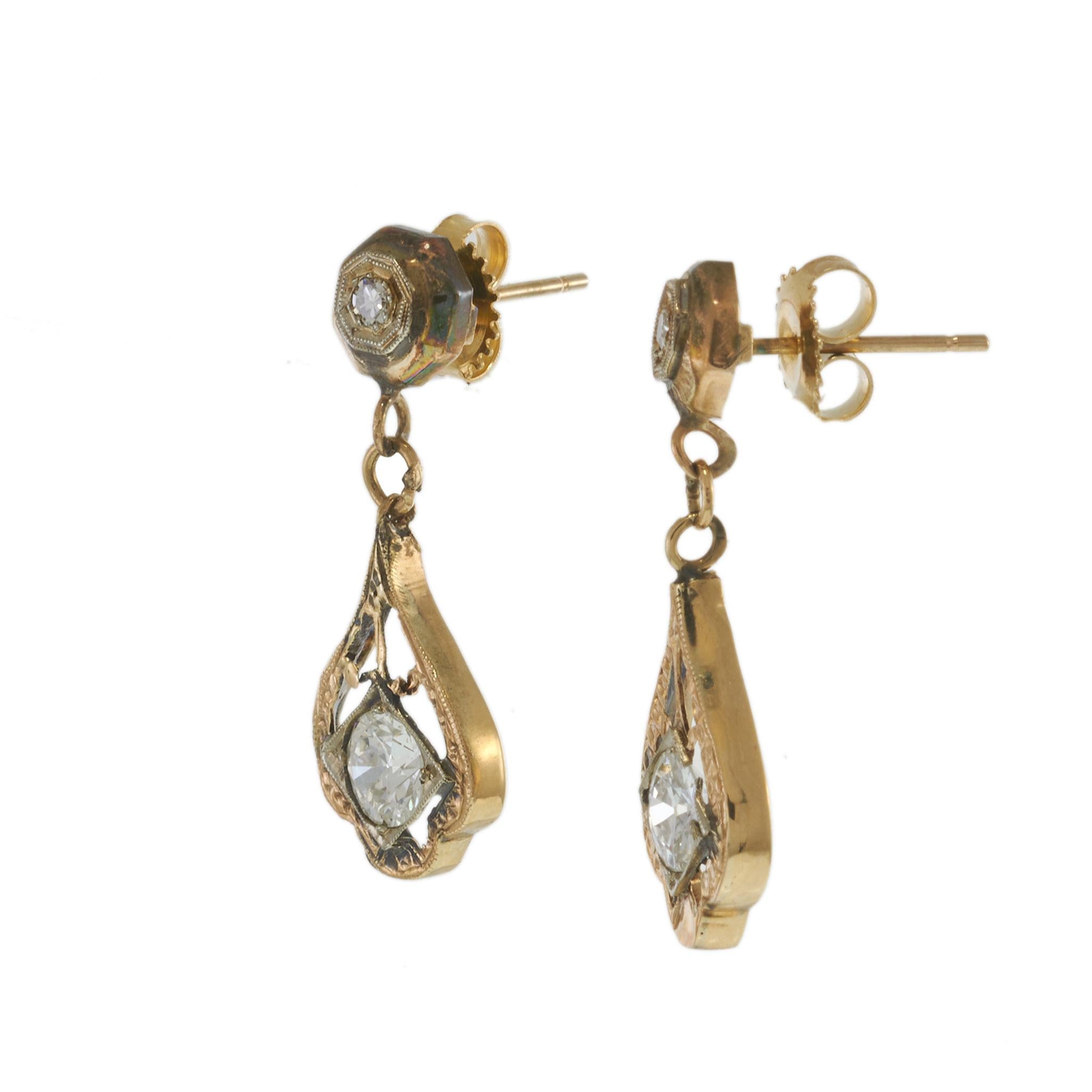 14KT Yellow Gold Art Deco Diamond Drop Earrings