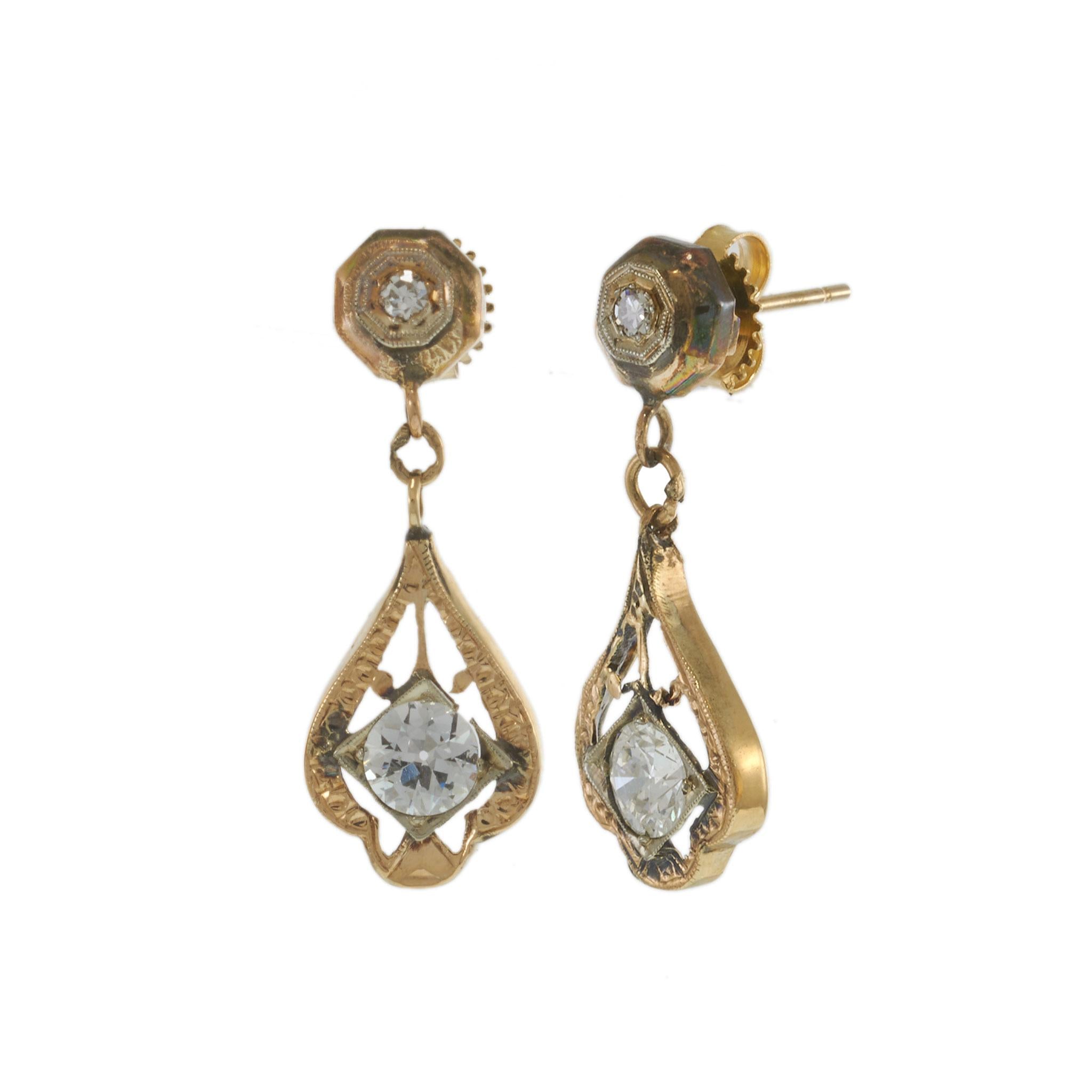 14KT Yellow Gold Art Deco Diamond Drop Earrings