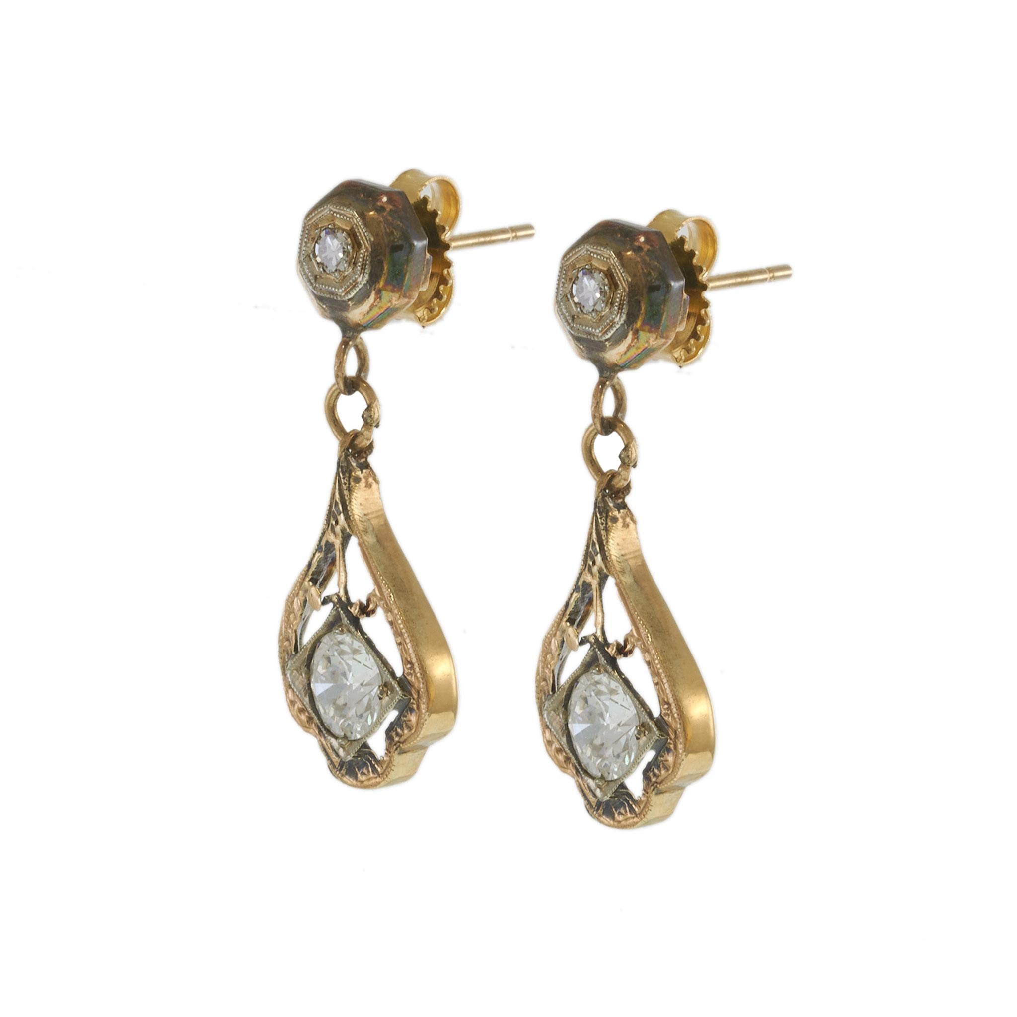 14KT Yellow Gold Art Deco Diamond Drop Earrings