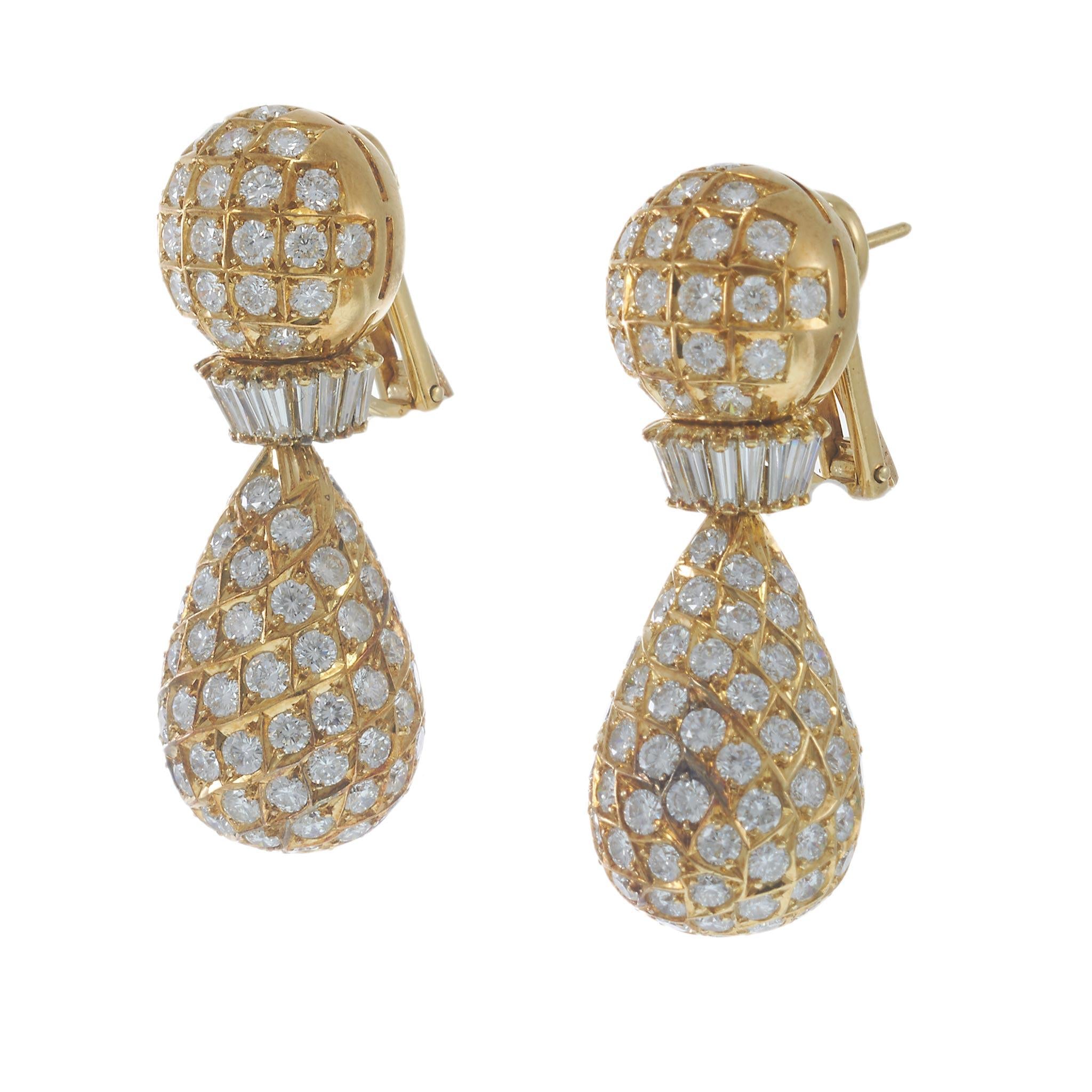 Vintage Retro Era 18KT Yellow Gold Diamond Drop Earrings