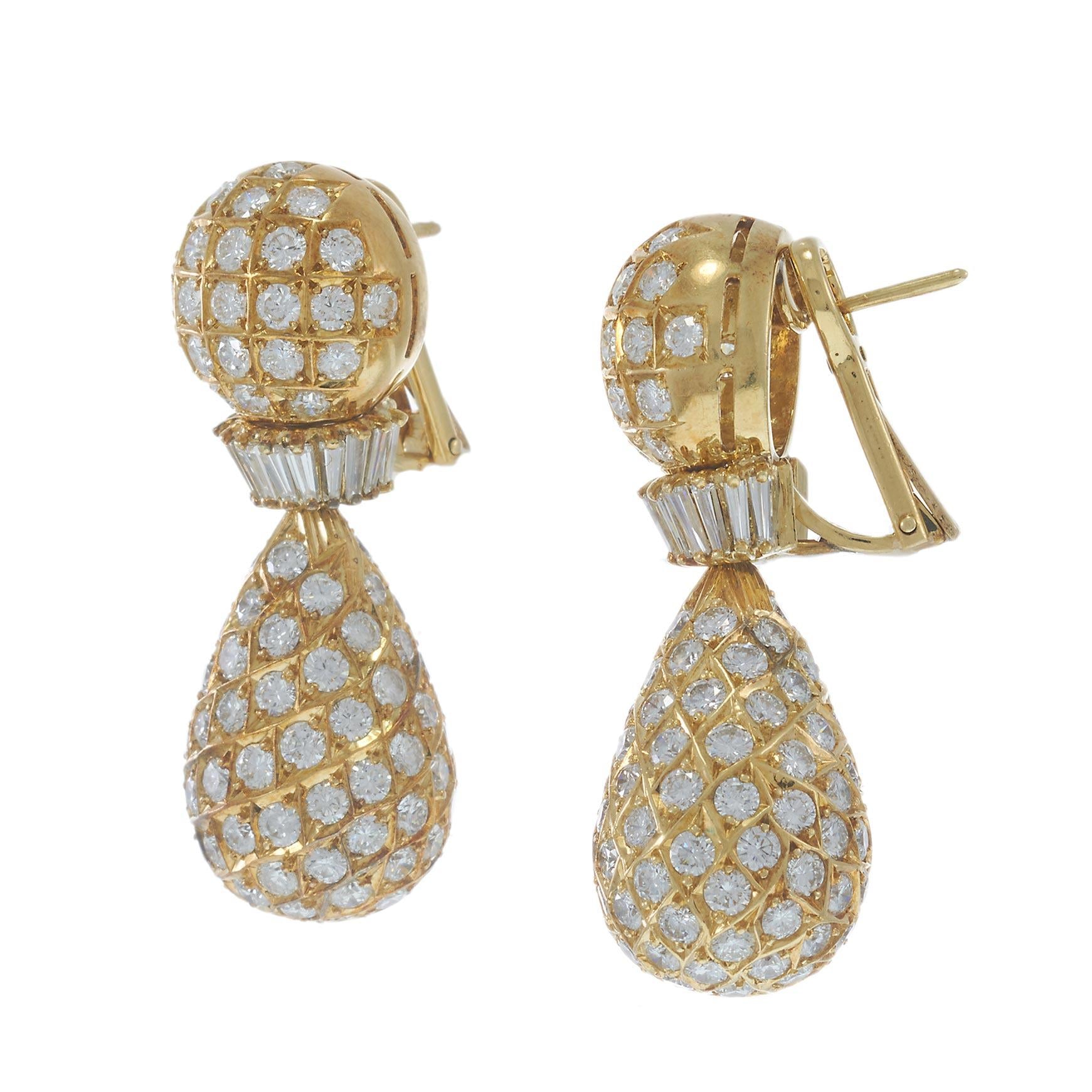 Vintage Retro Era 18KT Yellow Gold Diamond Drop Earrings