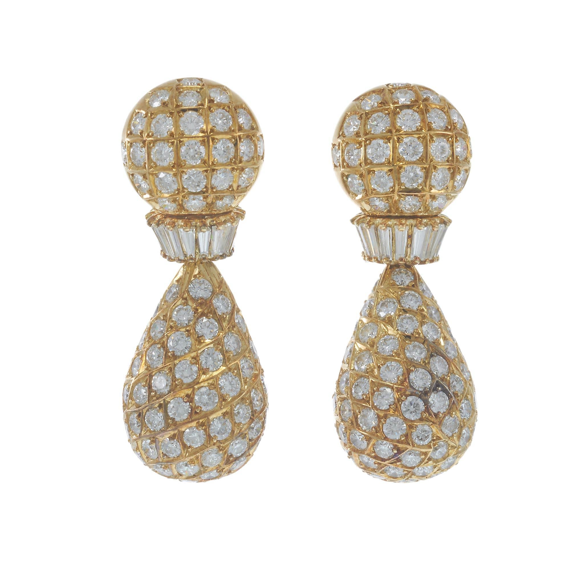 Vintage Retro Era 18KT Yellow Gold Diamond Drop Earrings