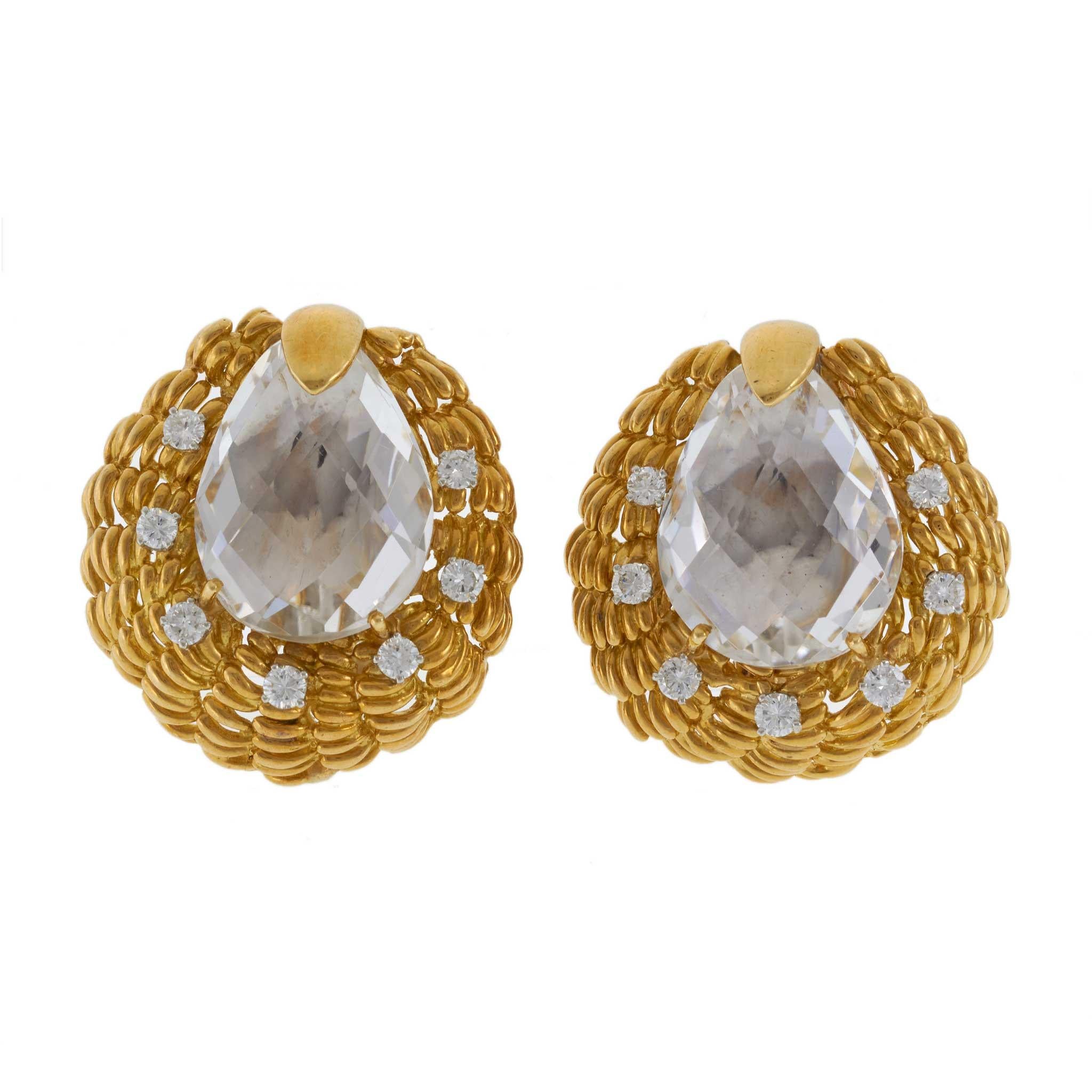 Vintage David Webb 18KT Yellow Gold Quartz and Diamond Earrings