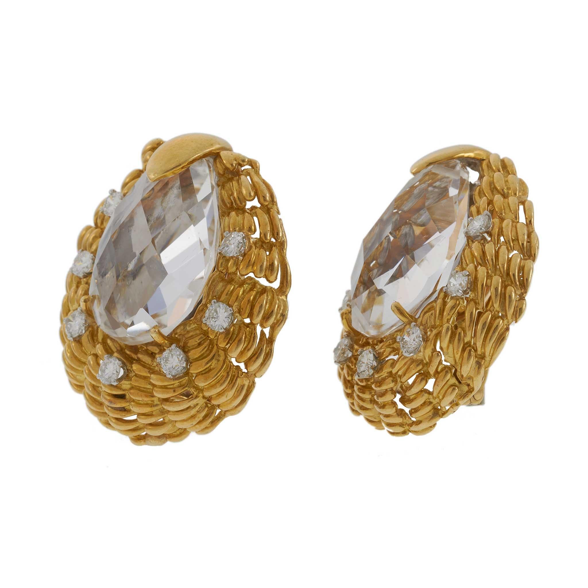 Vintage David Webb 18KT Yellow Gold Quartz and Diamond Earrings
