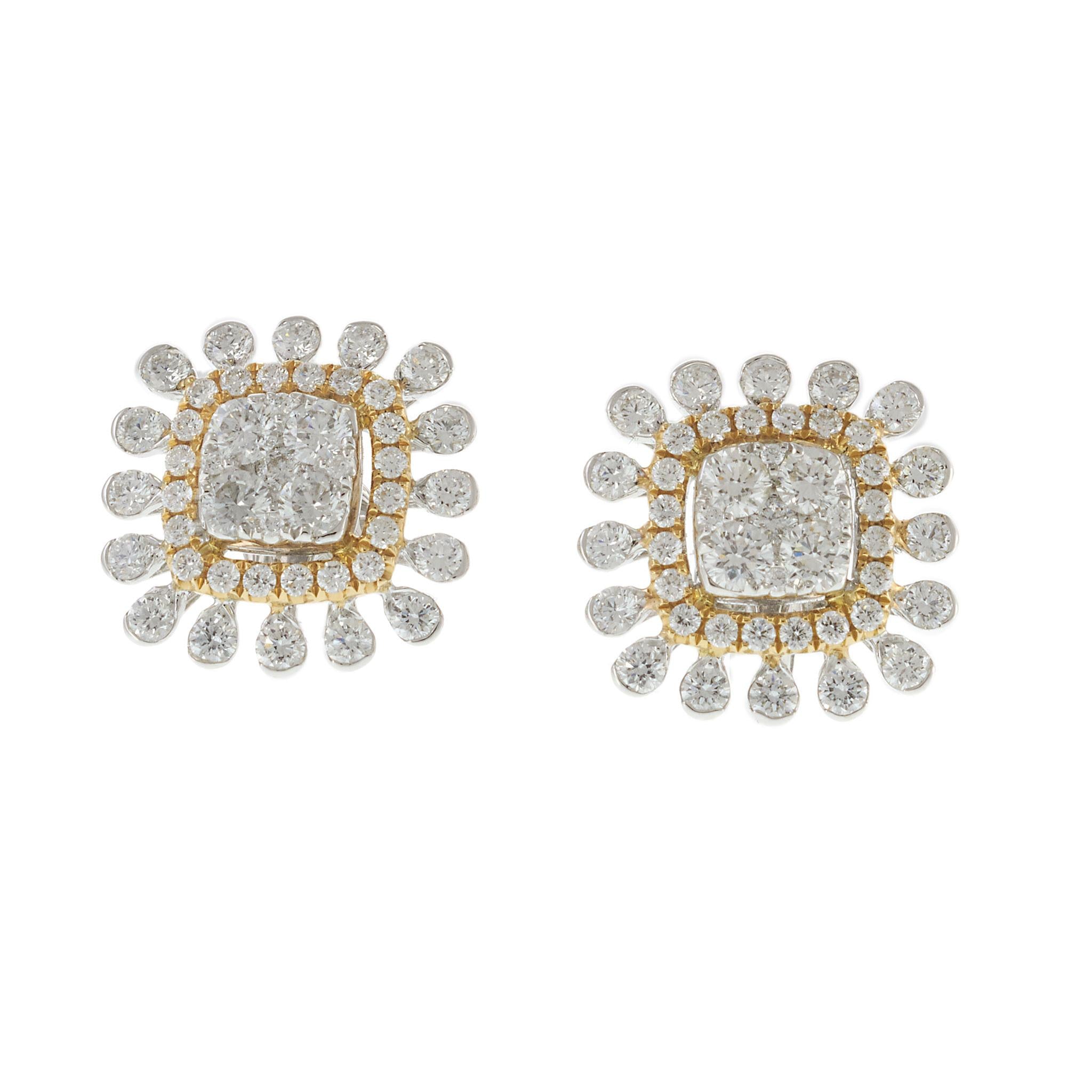 18KT Two Tone Diamond Cluster Stud Earrings