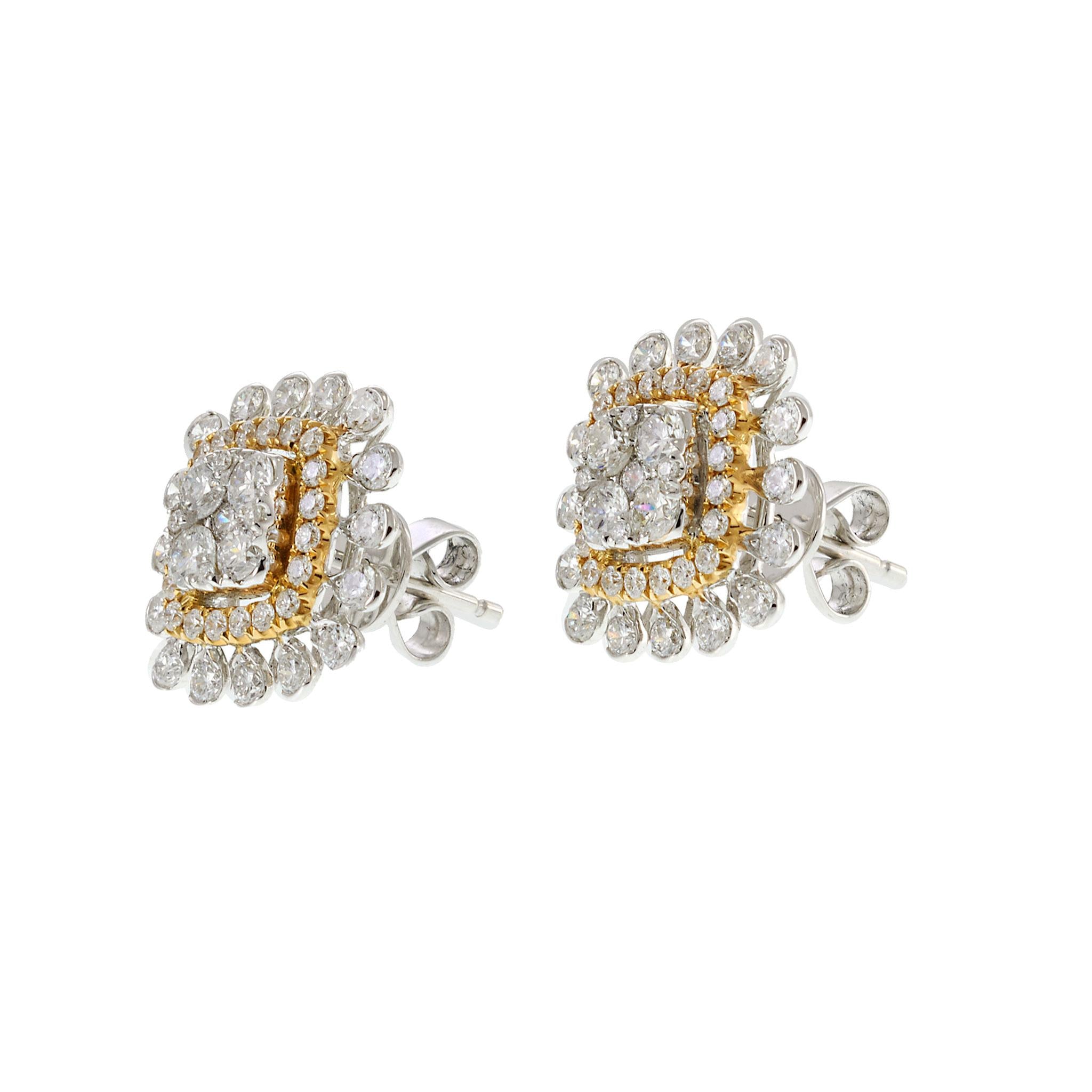 18KT Two Tone Diamond Cluster Stud Earrings